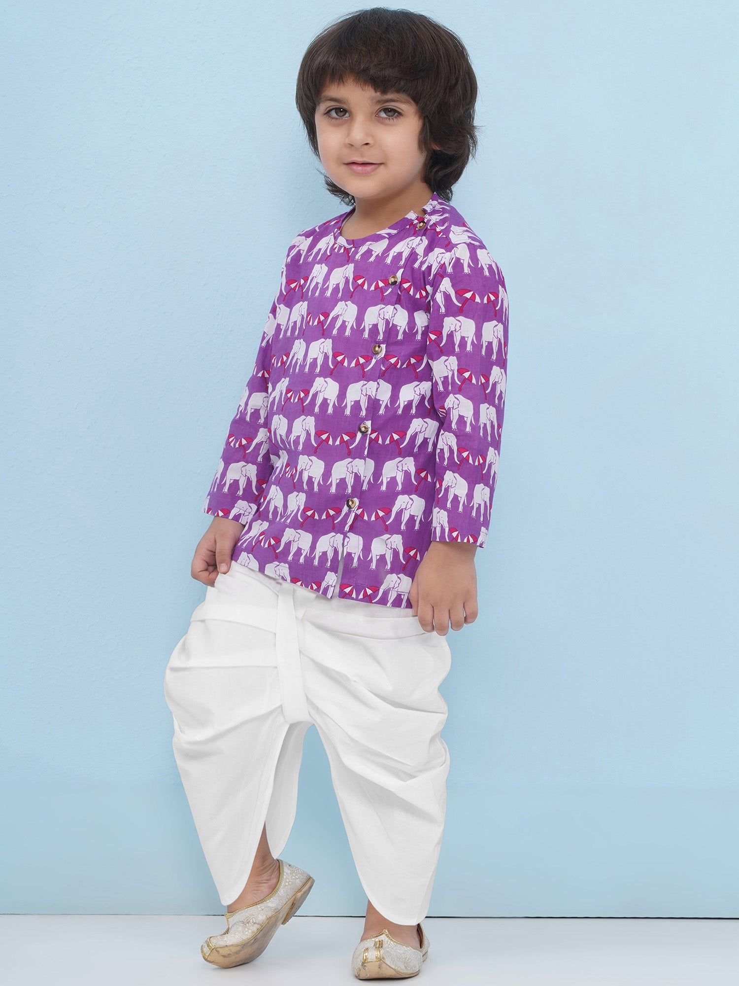 Purple Pure Cotton Full Sleeves Elephant Print Dhoti Set For Boys - AJ Dezines