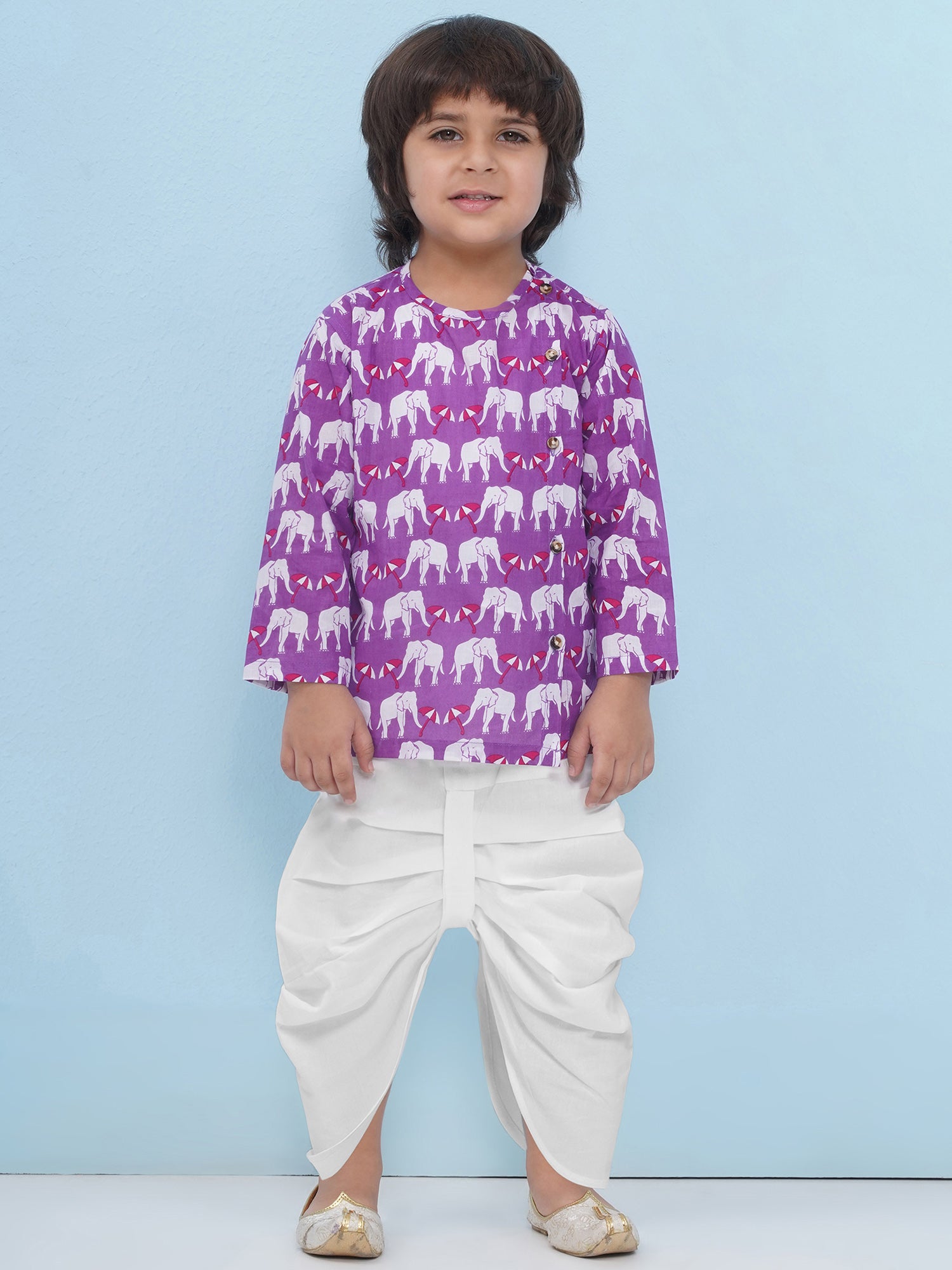Purple Pure Cotton Full Sleeves Elephant Print Dhoti Set For Boys - AJ Dezines