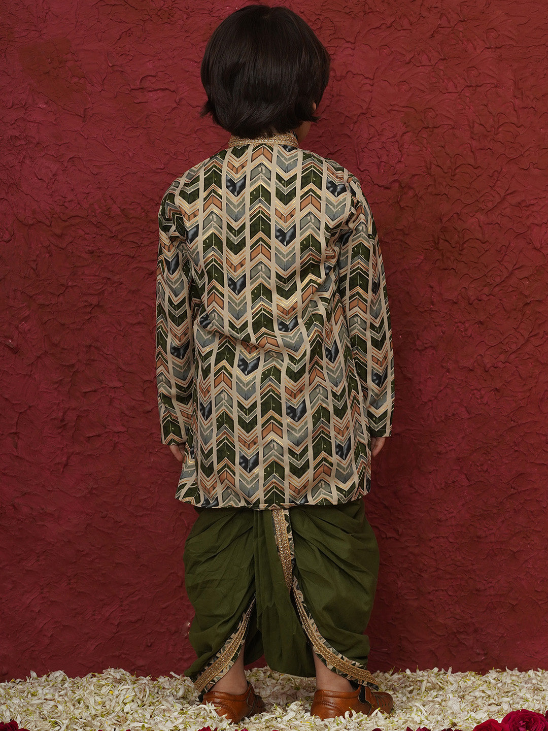 Green Cotton Full sleeves Abstract Print Dhoti Kurta for Boys - AJ Dezines