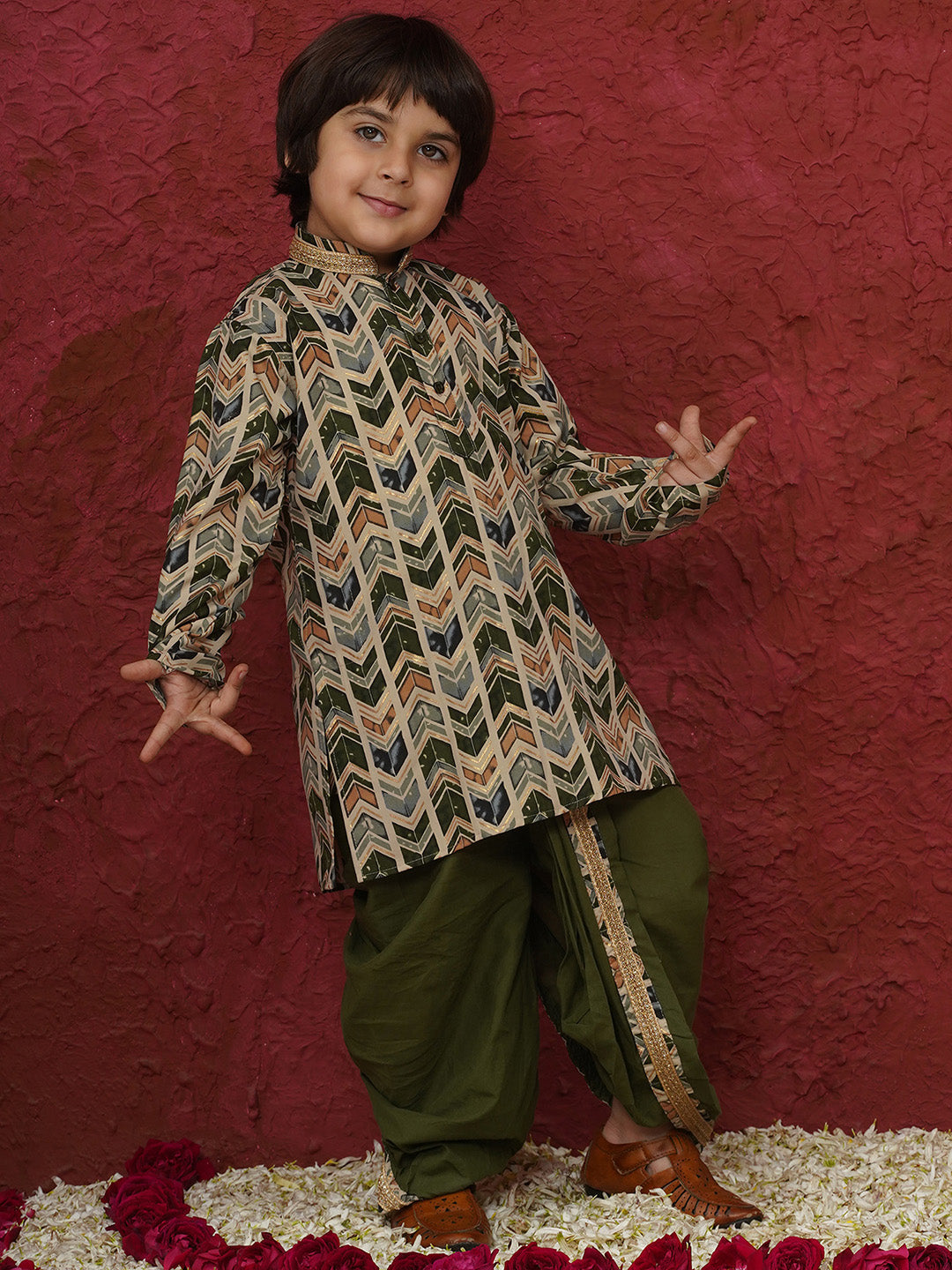 Green Cotton Full sleeves Abstract Print Dhoti Kurta for Boys - AJ Dezines