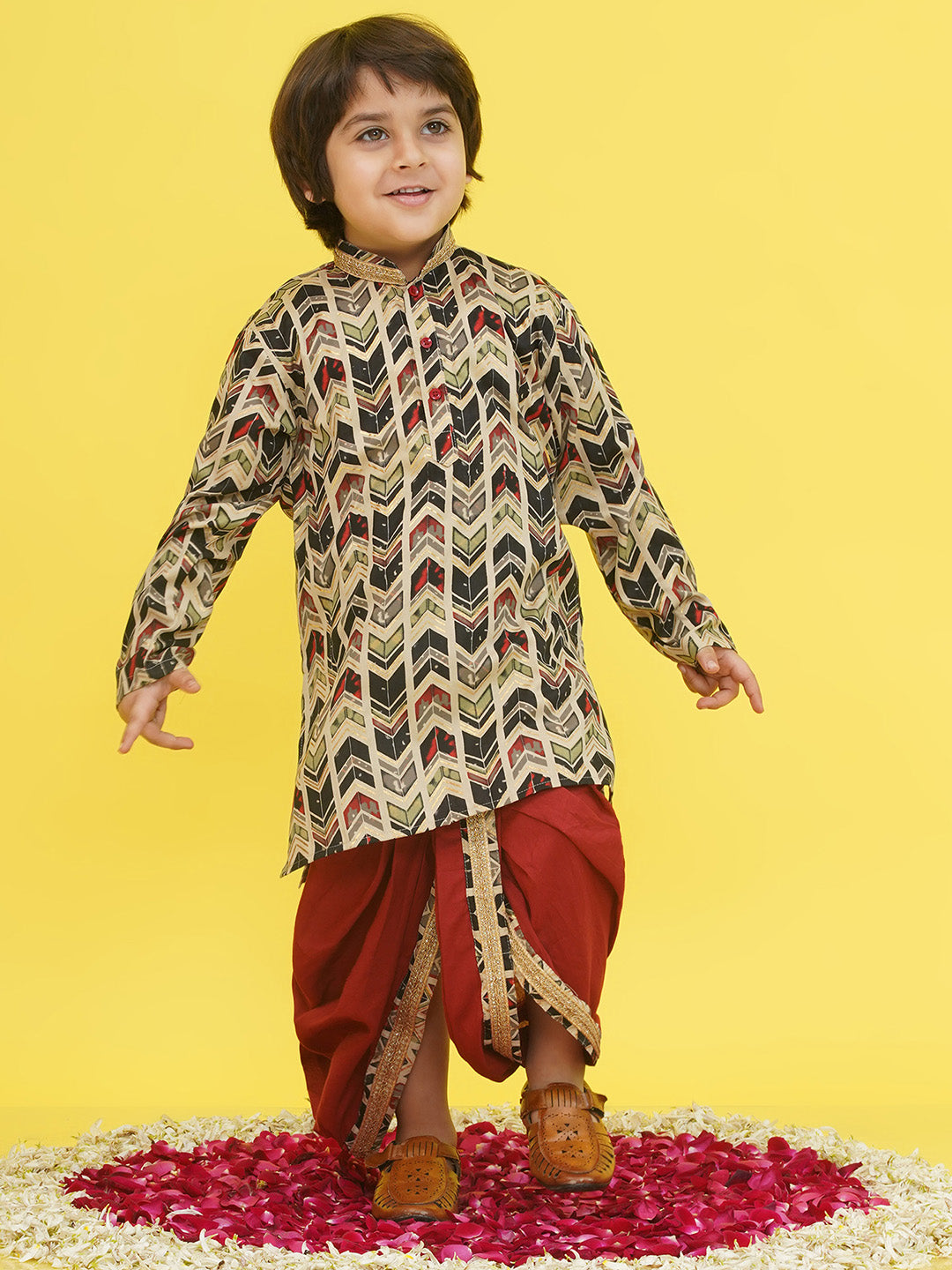 Maroon Cotton Full sleeves Abstract Print Dhoti Kurta for Boys - AJ Dezines