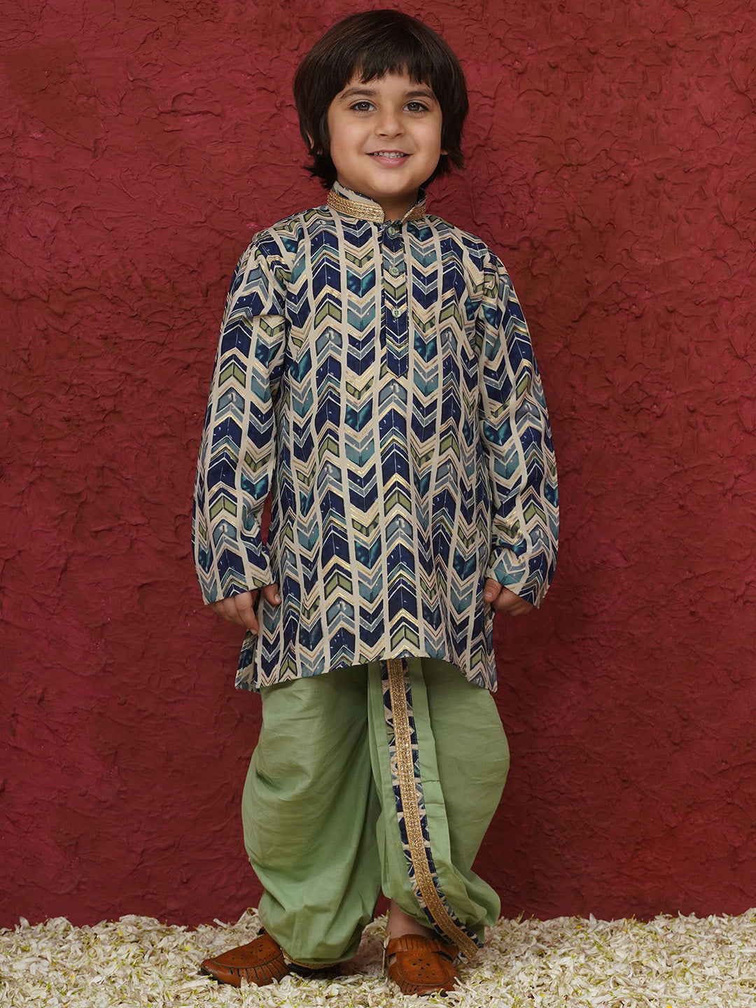 Pista Cotton Full sleeves Abstract Print Dhoti Kurta for Boys - AJ Dezines