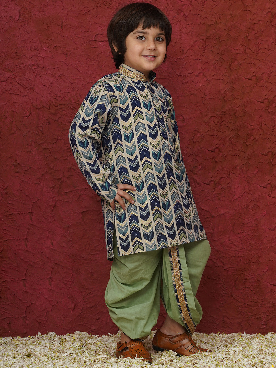 Pista Cotton Full sleeves Abstract Print Dhoti Kurta for Boys - AJ Dezines
