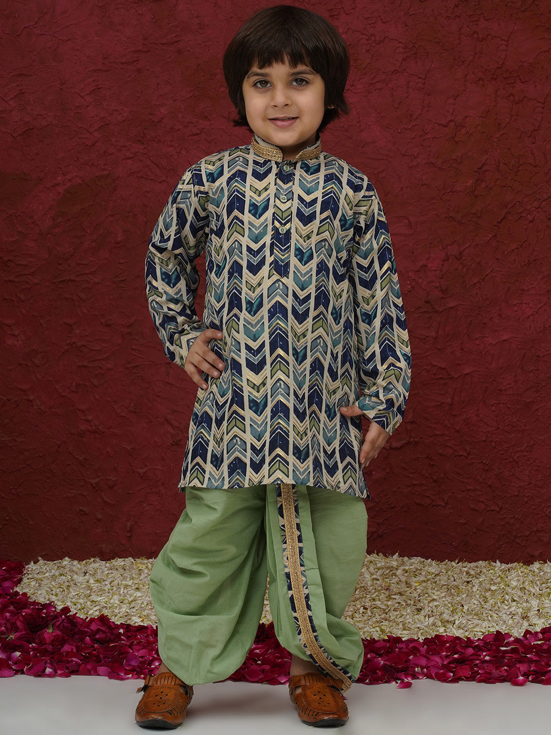 Pista Cotton Full sleeves Abstract Print Dhoti Kurta for Boys - AJ Dezines