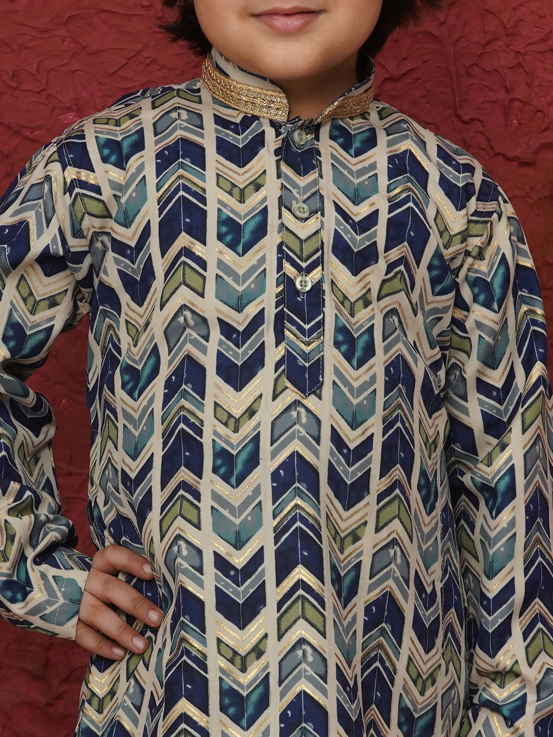 Pista Cotton Full sleeves Abstract Print Dhoti Kurta for Boys - AJ Dezines