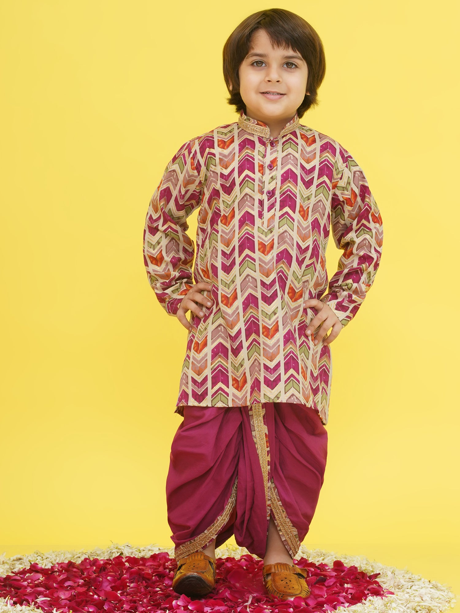 Purple Cotton Full sleeves Abstract Print Dhoti Kurta for Boys - AJ Dezines