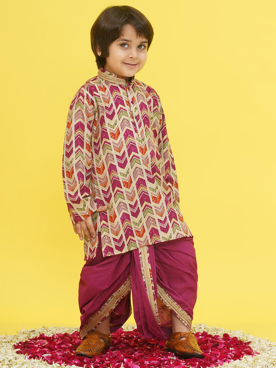 Purple Cotton Full sleeves Abstract Print Dhoti Kurta for Boys - AJ Dezines