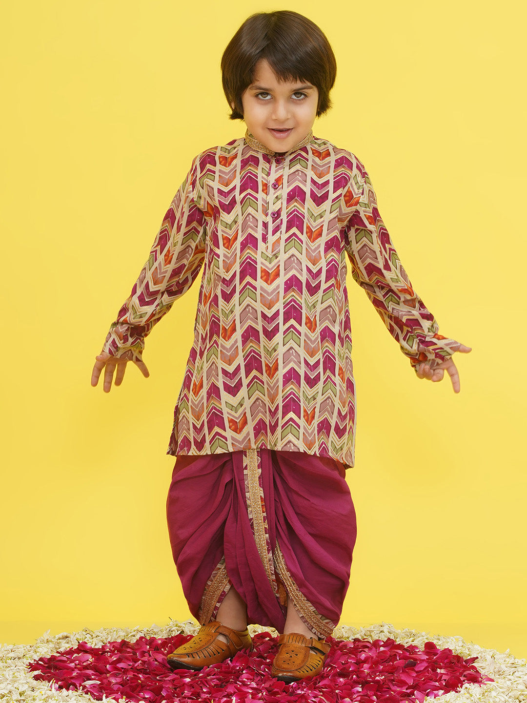 Purple Cotton Full sleeves Abstract Print Dhoti Kurta for Boys - AJ Dezines