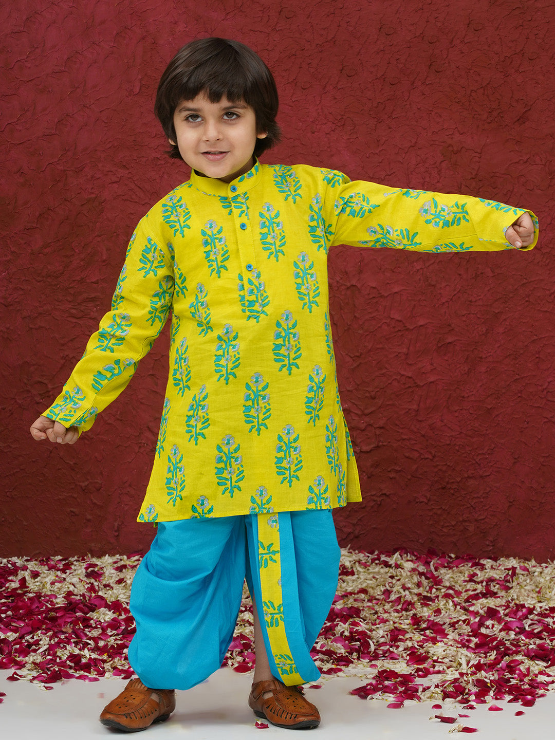 Green Cotton Full sleeves Floral Print Dhoti Kurta for Boys - AJ Dezines