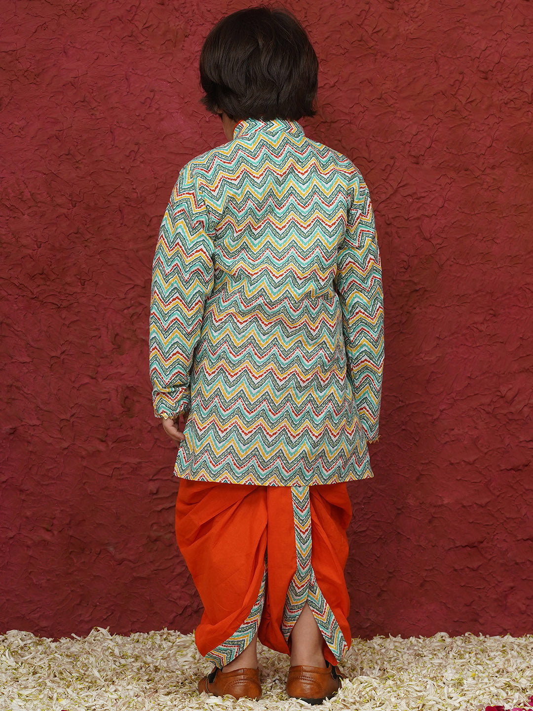 Orange Cotton Full sleeves Zig-zag print Dhoti Kurta for Boys - AJ Dezines
