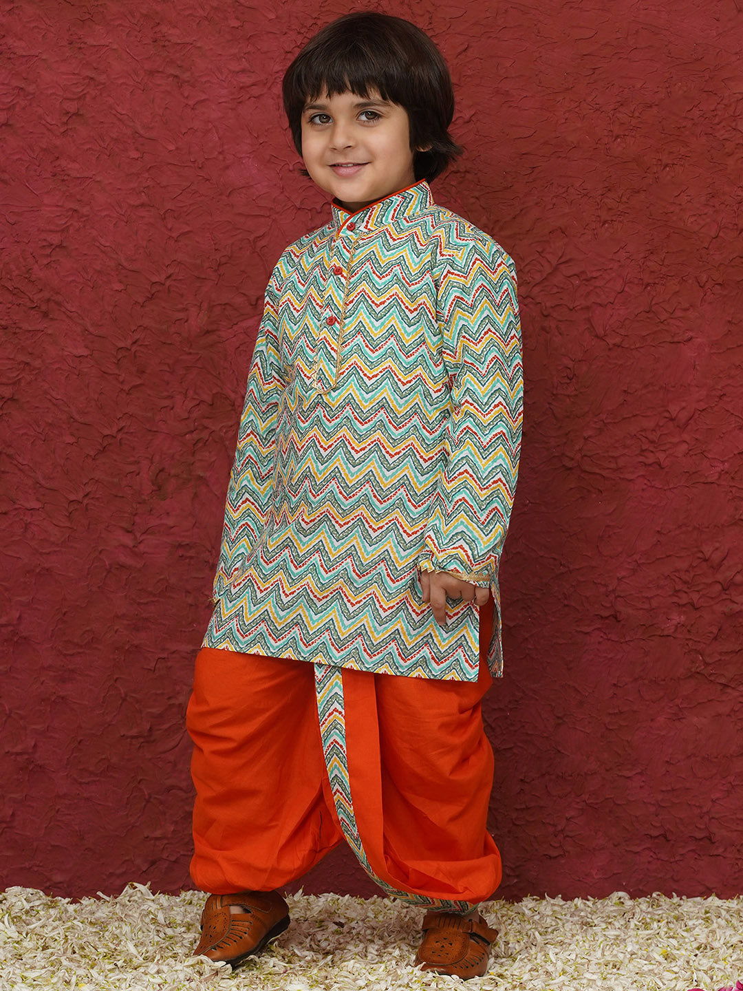 Orange Cotton Full sleeves Zig-zag print Dhoti Kurta for Boys - AJ Dezines