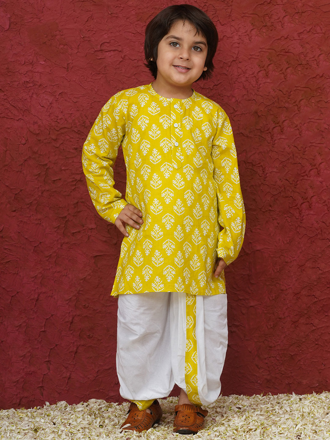 Yellow Cotton Full sleeves Floral Print Dhoti Kurta for Boys - AJ Dezines