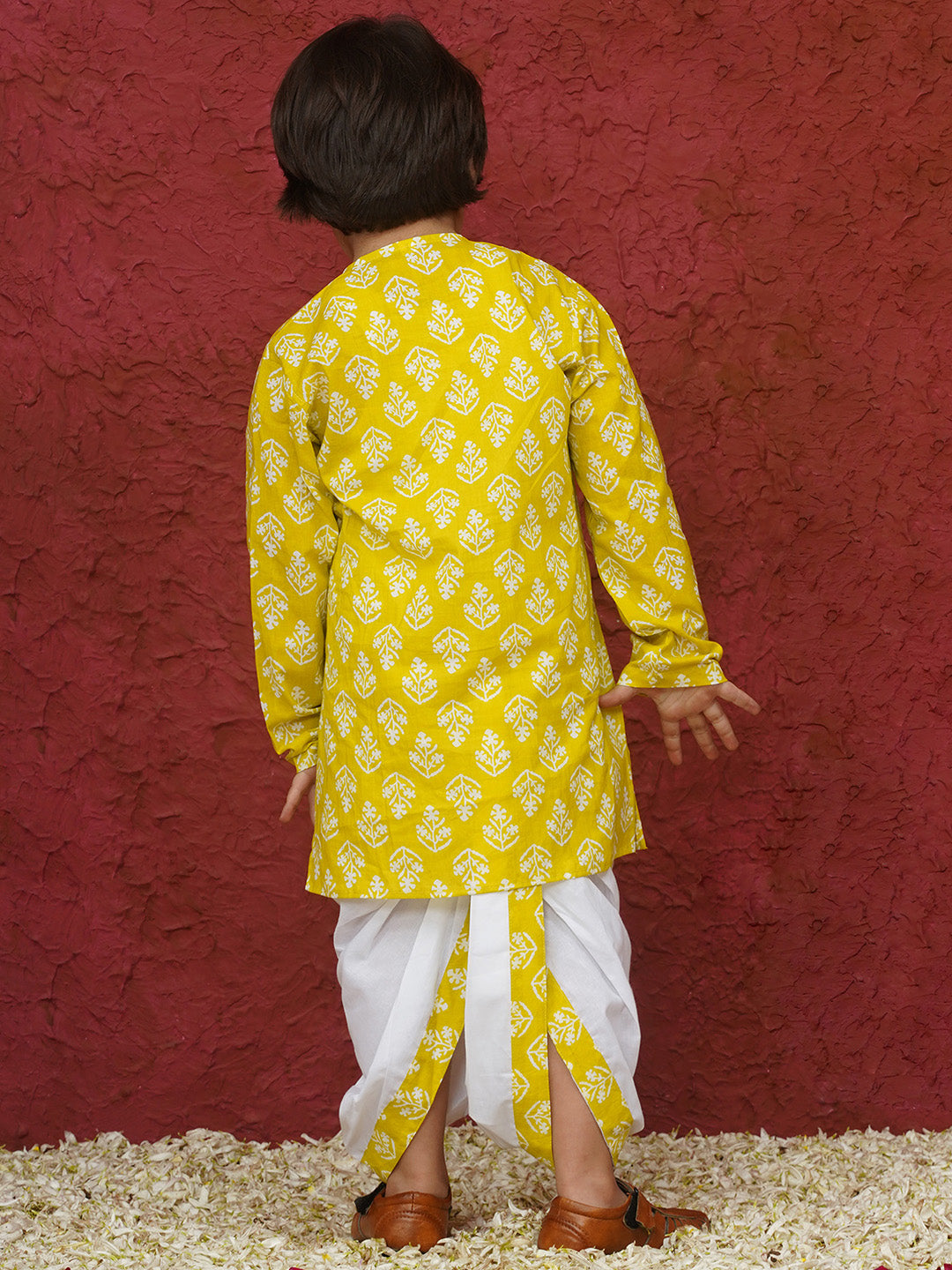 Yellow Cotton Full sleeves Floral Print Dhoti Kurta for Boys - AJ Dezines