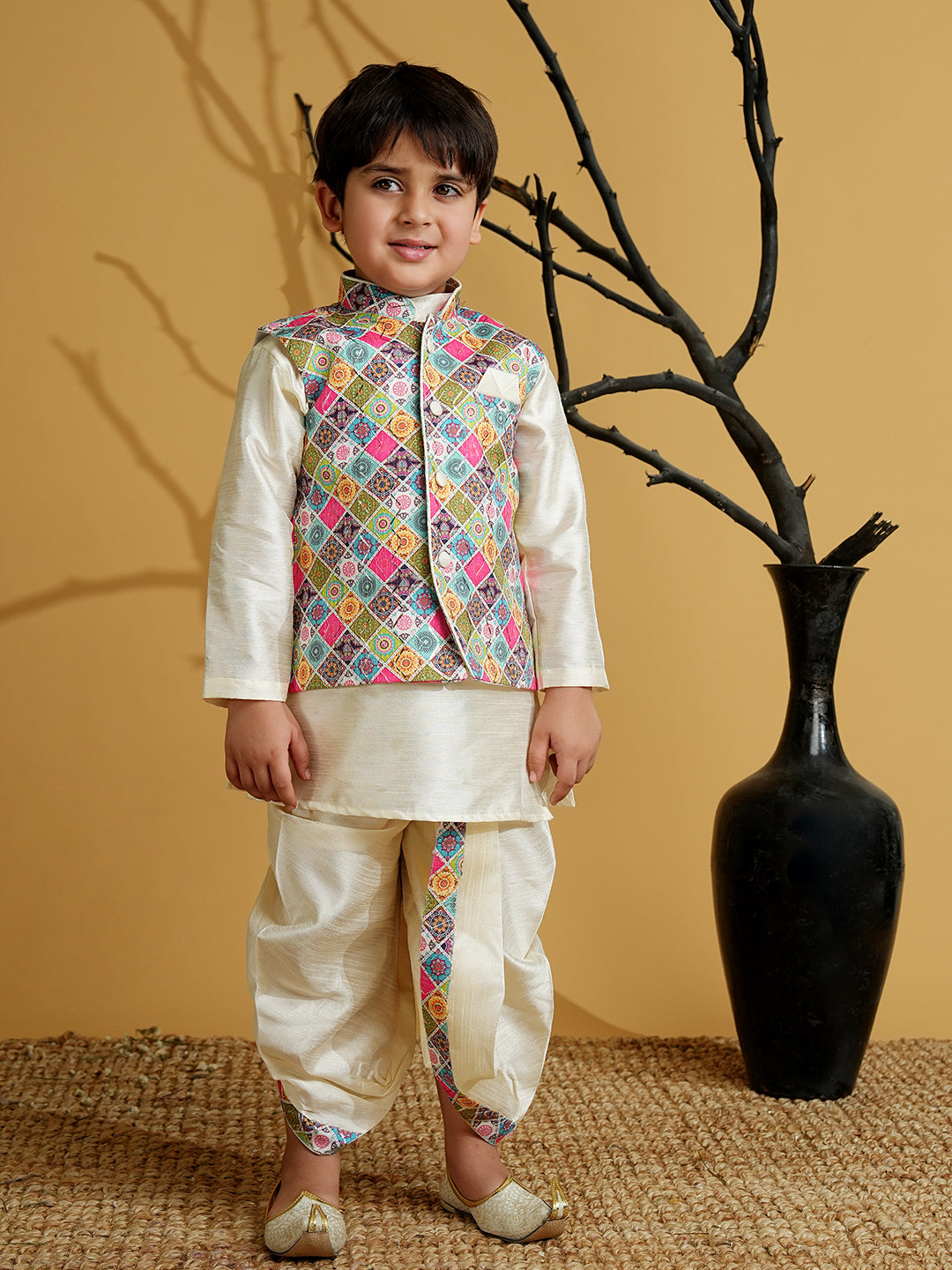 Multi Color Silk Blend Full Sleeves Embroidered Dhoti Set - AJ Dezines