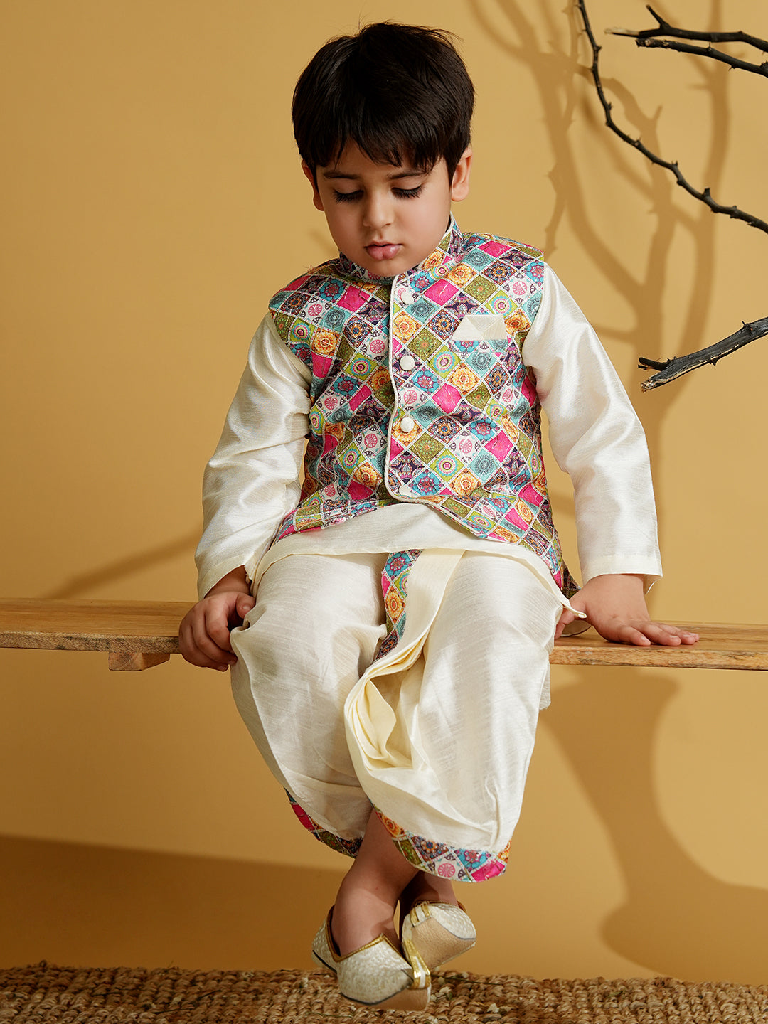 Multi Color Silk Blend Full Sleeves Embroidered Dhoti Set - AJ Dezines