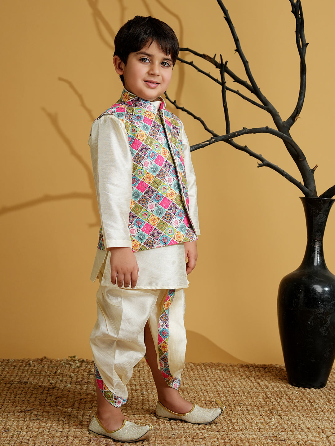 Multi Color Silk Blend Full Sleeves Embroidered Dhoti Set - AJ Dezines