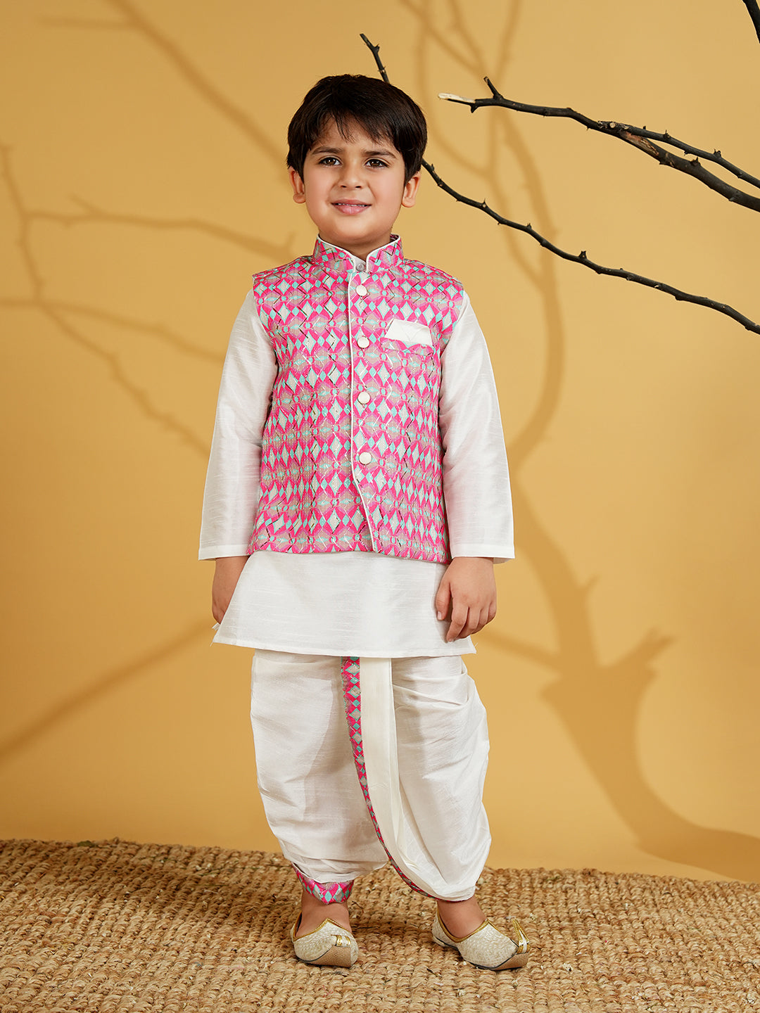 Pink Silk Blend Full Sleeves Embroidered Dhoti Set - AJ Dezines