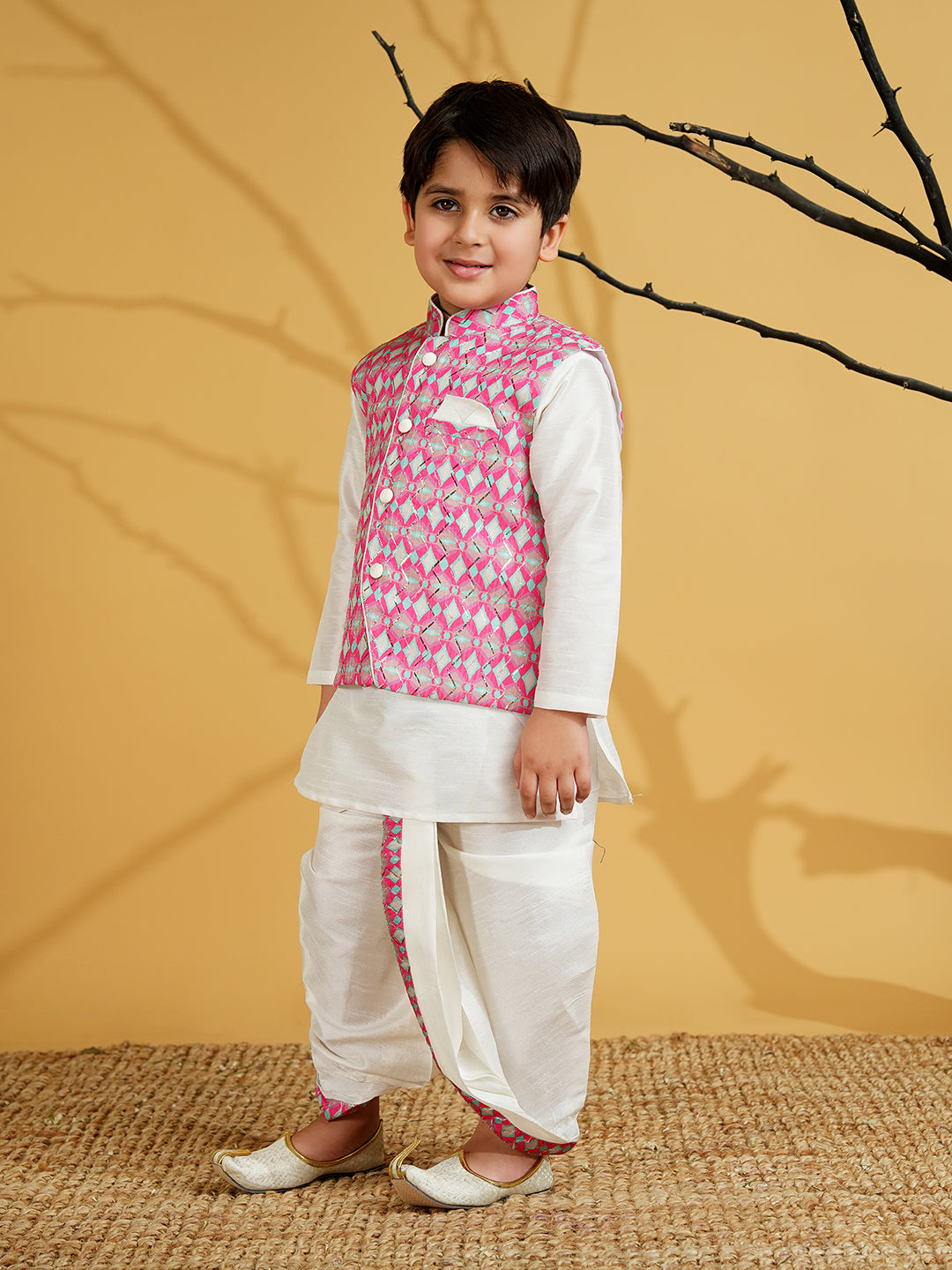 Pink Silk Blend Full Sleeves Embroidered Dhoti Set - AJ Dezines