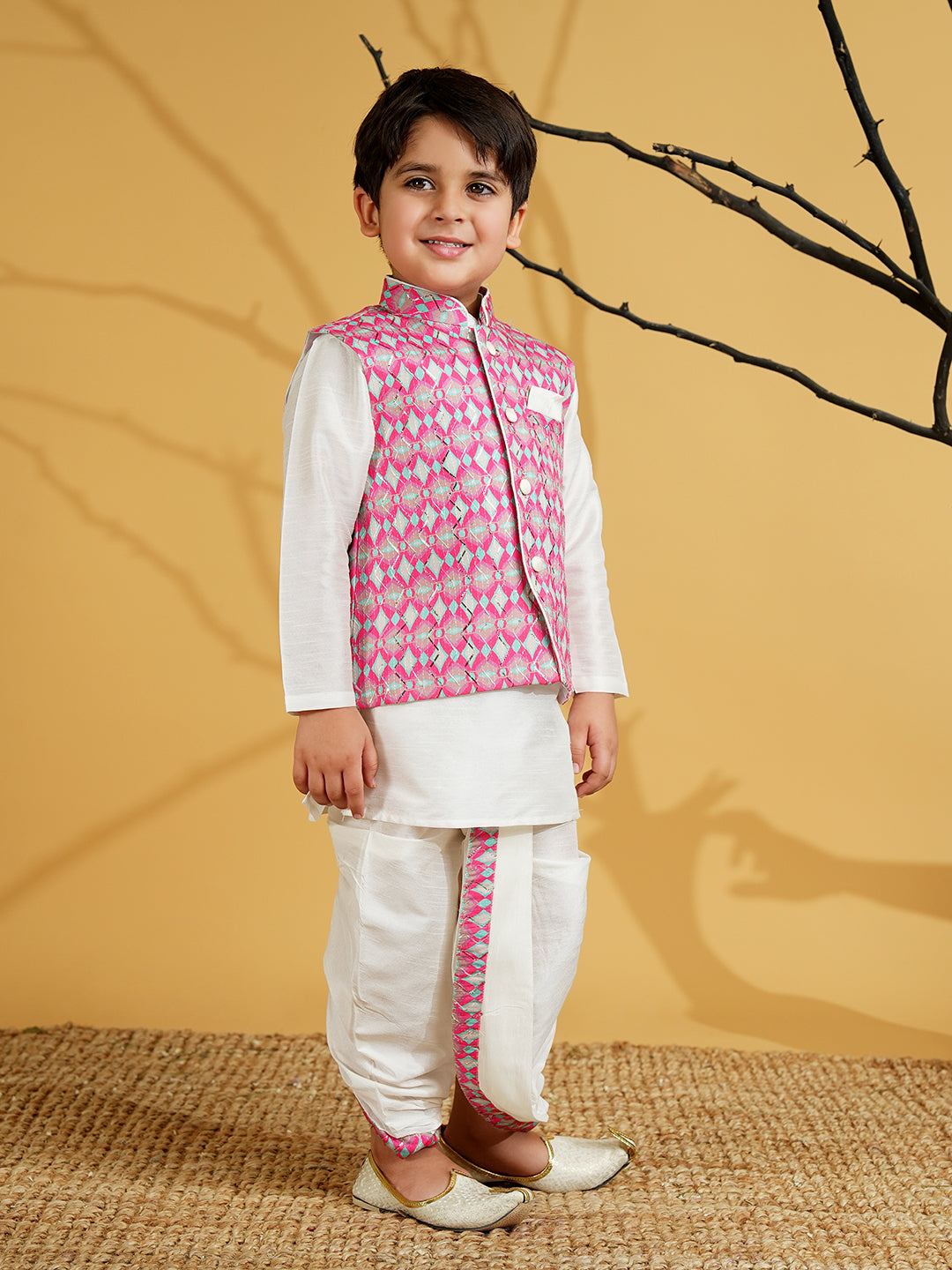 Pink Silk Blend Full Sleeves Embroidered Dhoti Set - AJ Dezines