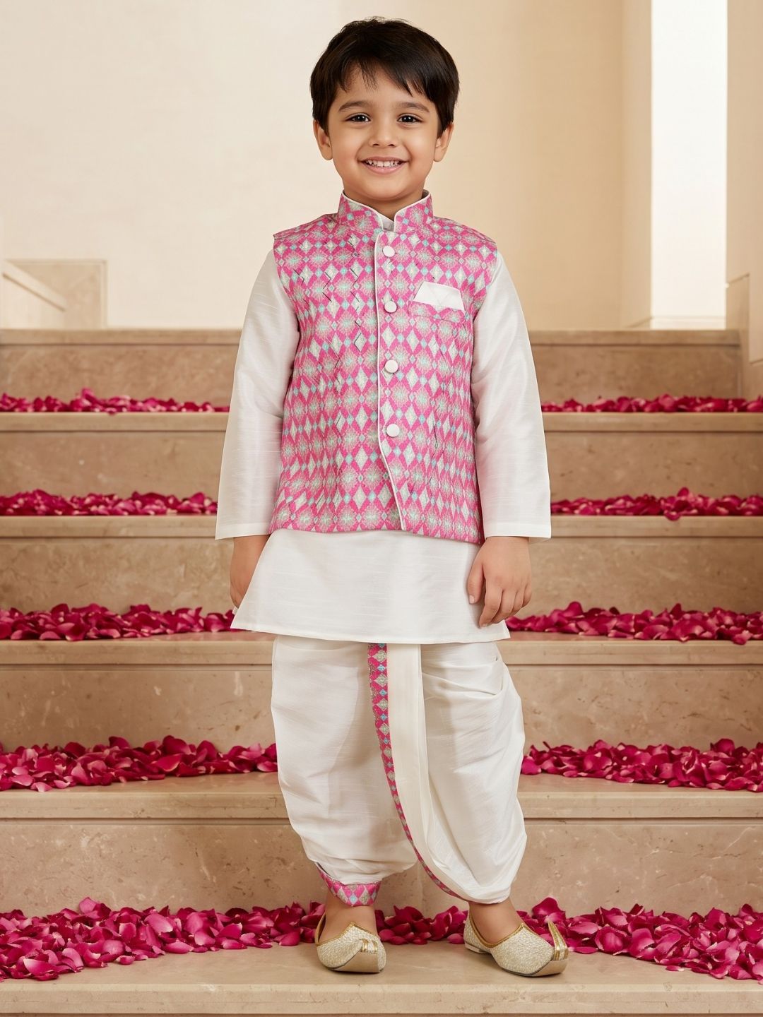 Pink Silk Blend Full Sleeves Embroidered Dhoti Set