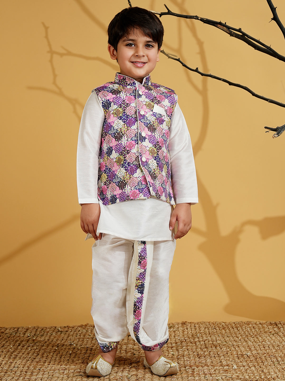 Purple Silk Blend Full Sleeves Embroidered Dhoti Set - AJ Dezines
