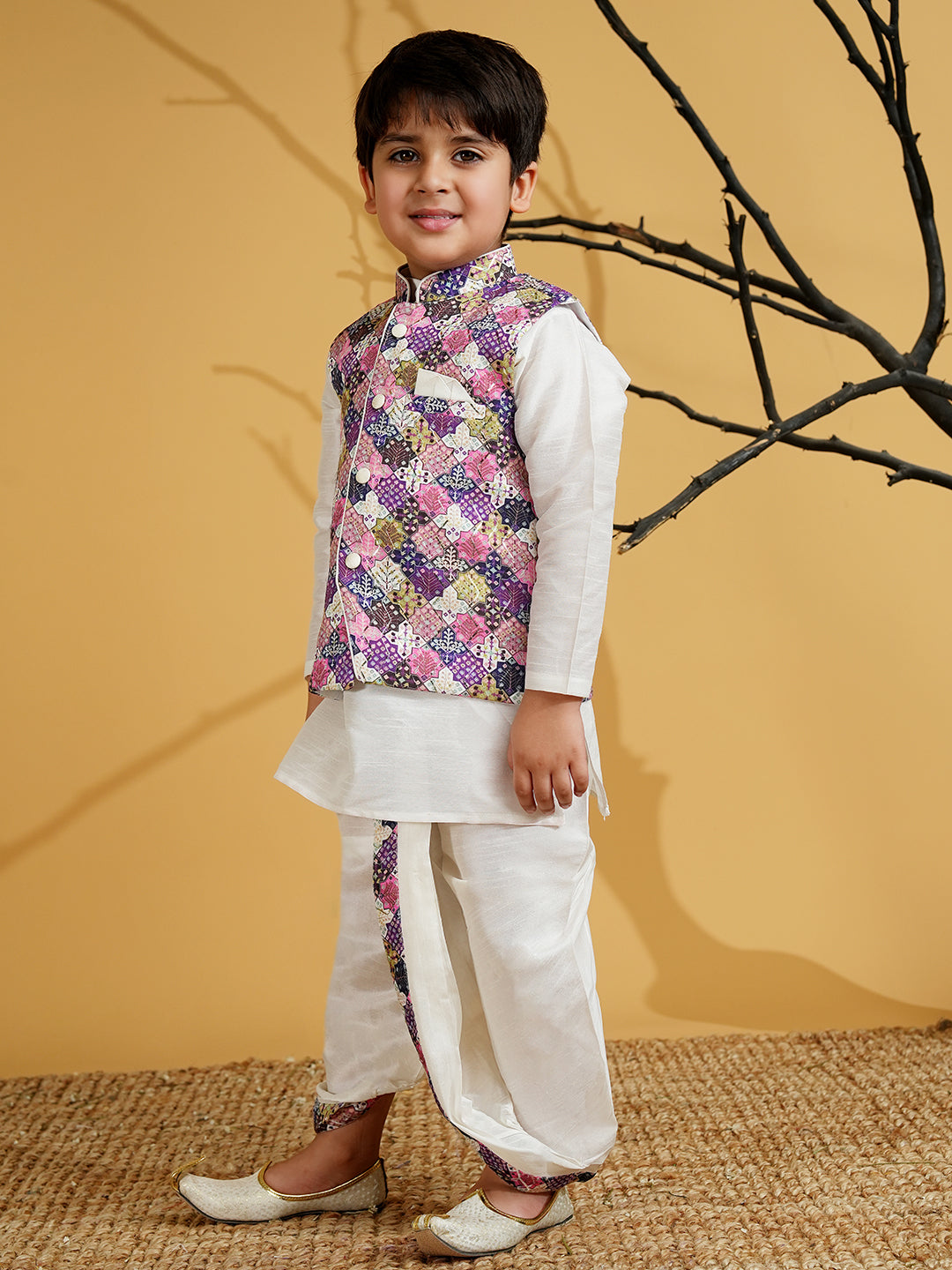 Purple Silk Blend Full Sleeves Embroidered Dhoti Set - AJ Dezines