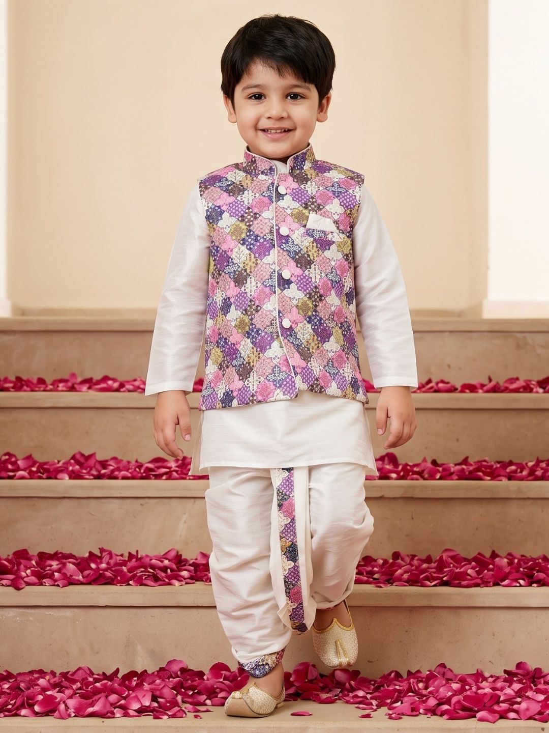 Purple Silk Blend Full Sleeves Embroidered Dhoti Set