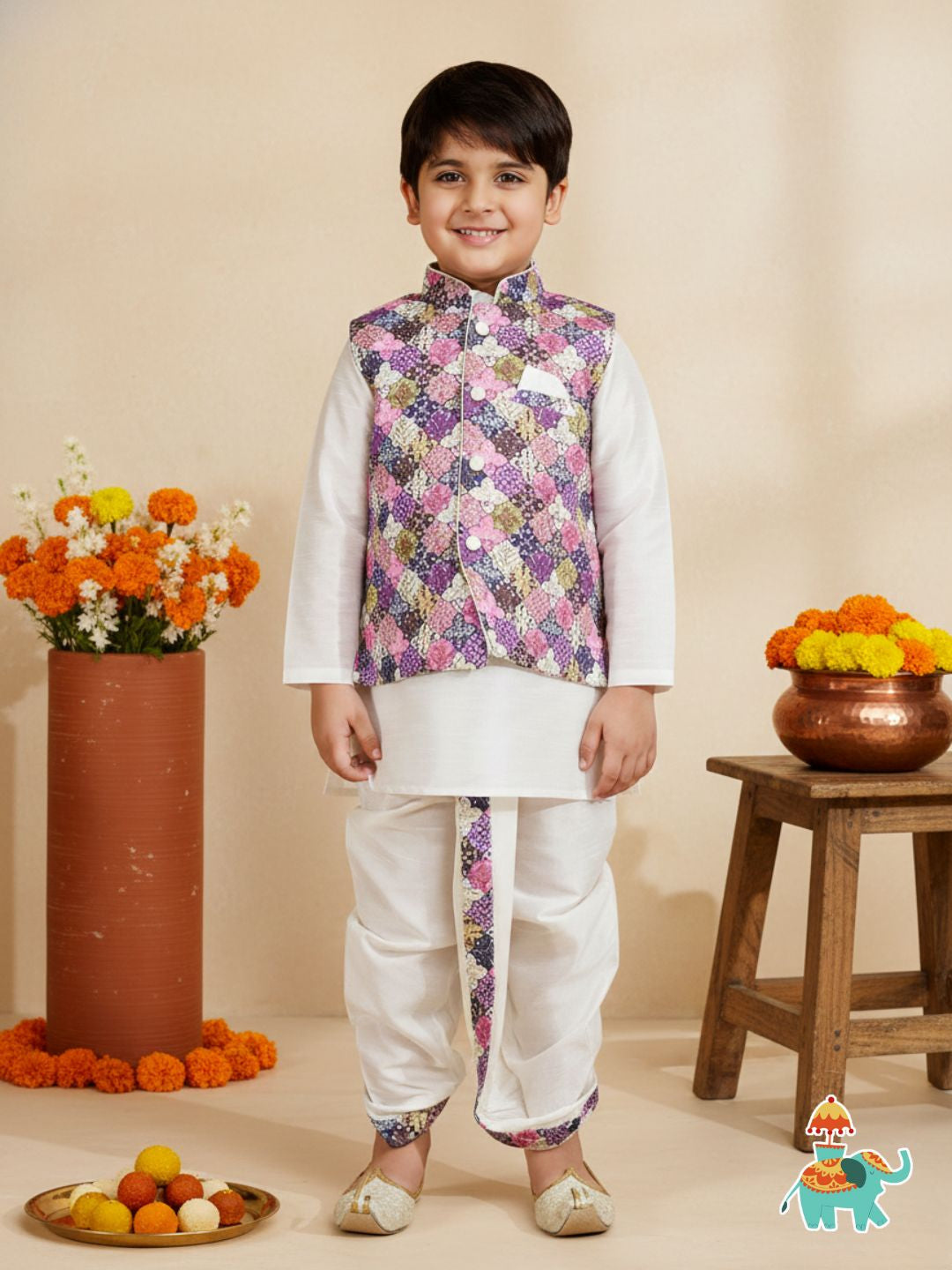 Purple Silk Blend Full Sleeves Embroidered Dhoti Set - AJ Dezines