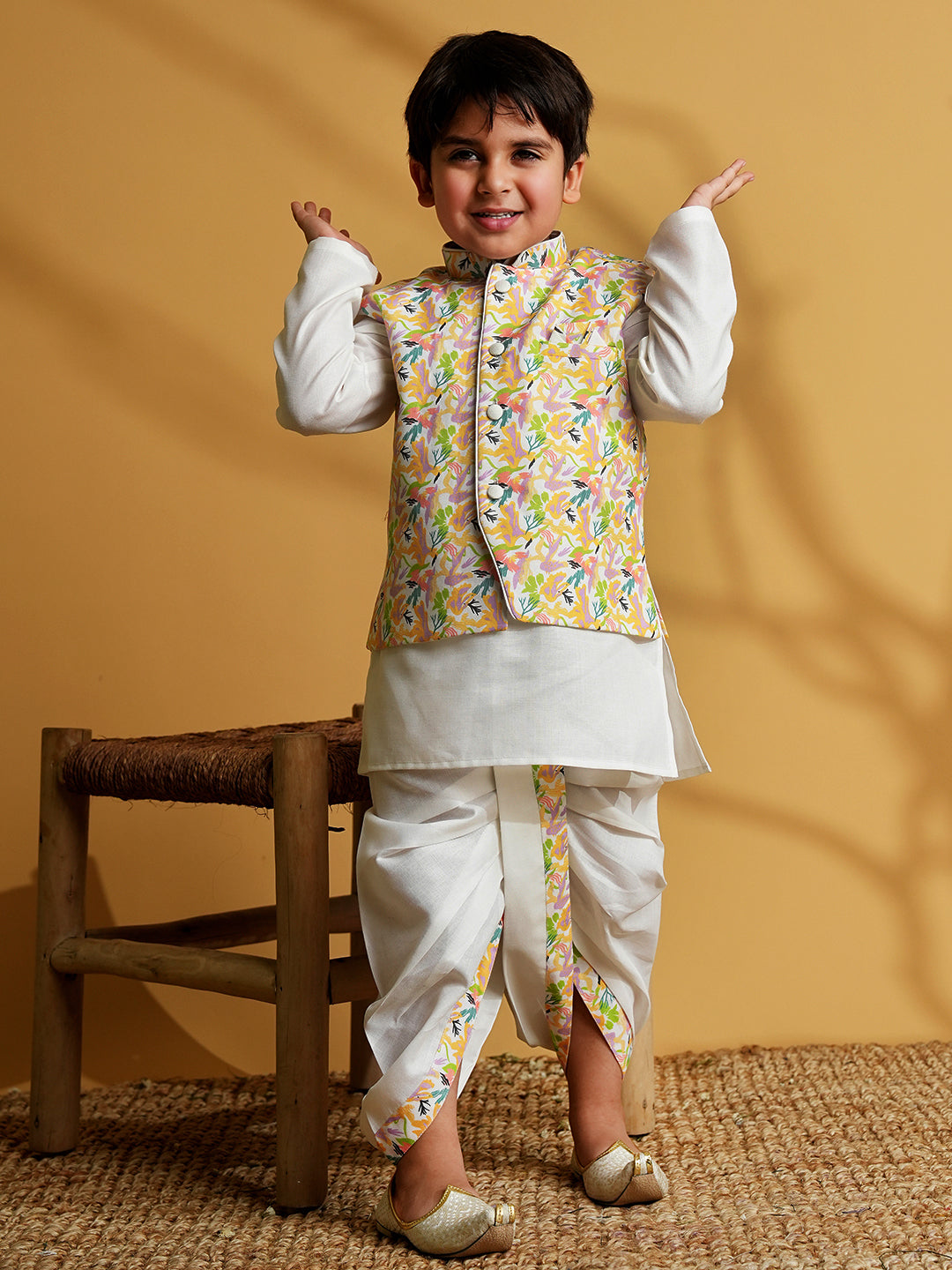 Yellow Cotton Full Sleeves Printed Dhoti Set - AJ Dezines