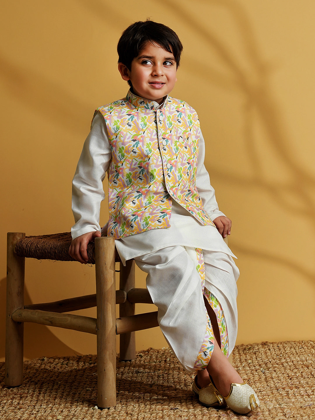 Yellow Cotton Full Sleeves Printed Dhoti Set - AJ Dezines