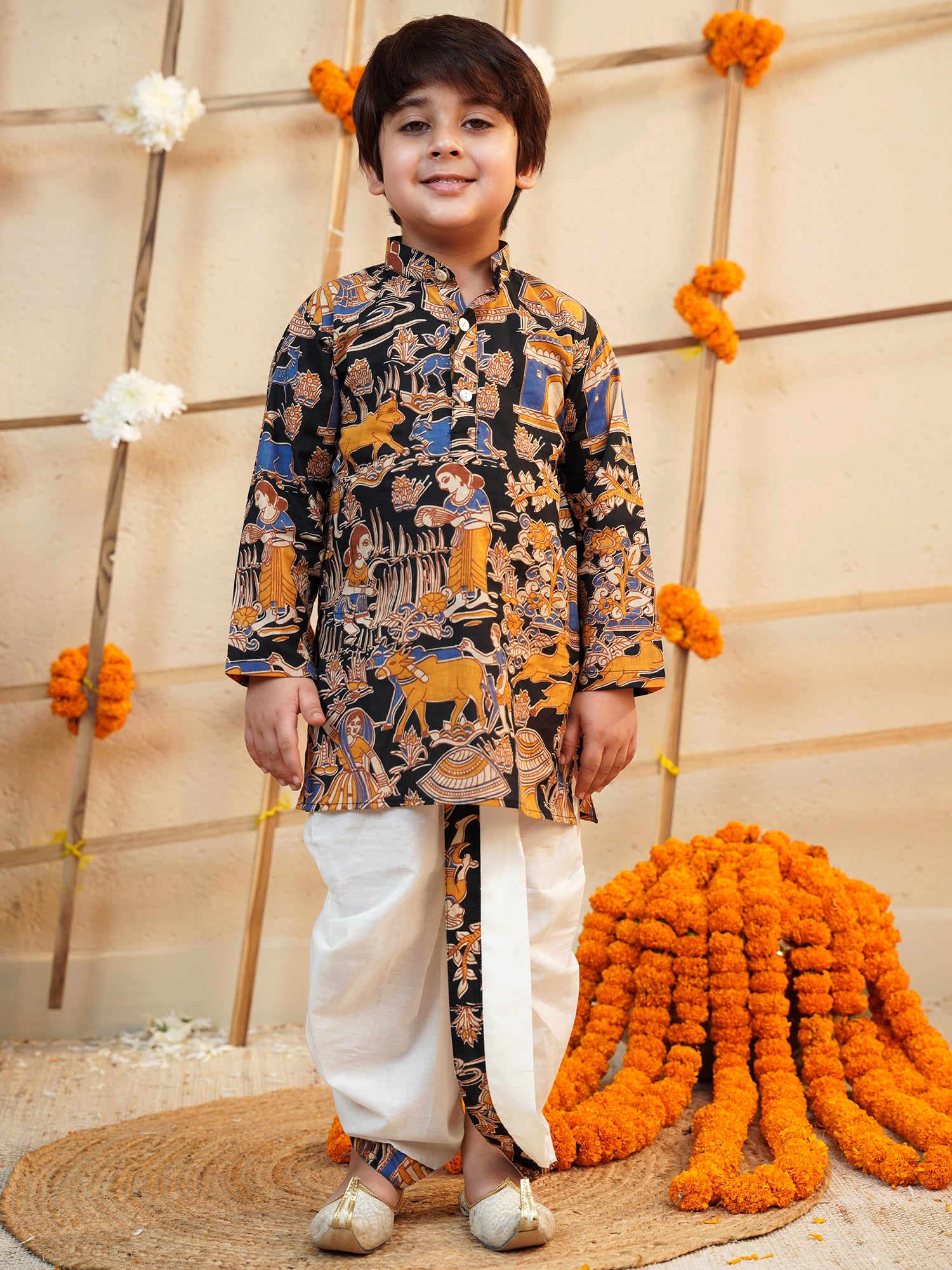 Boys Black Cotton Full Sleeves Abstract Printed Dhoti Set - AJ Dezines