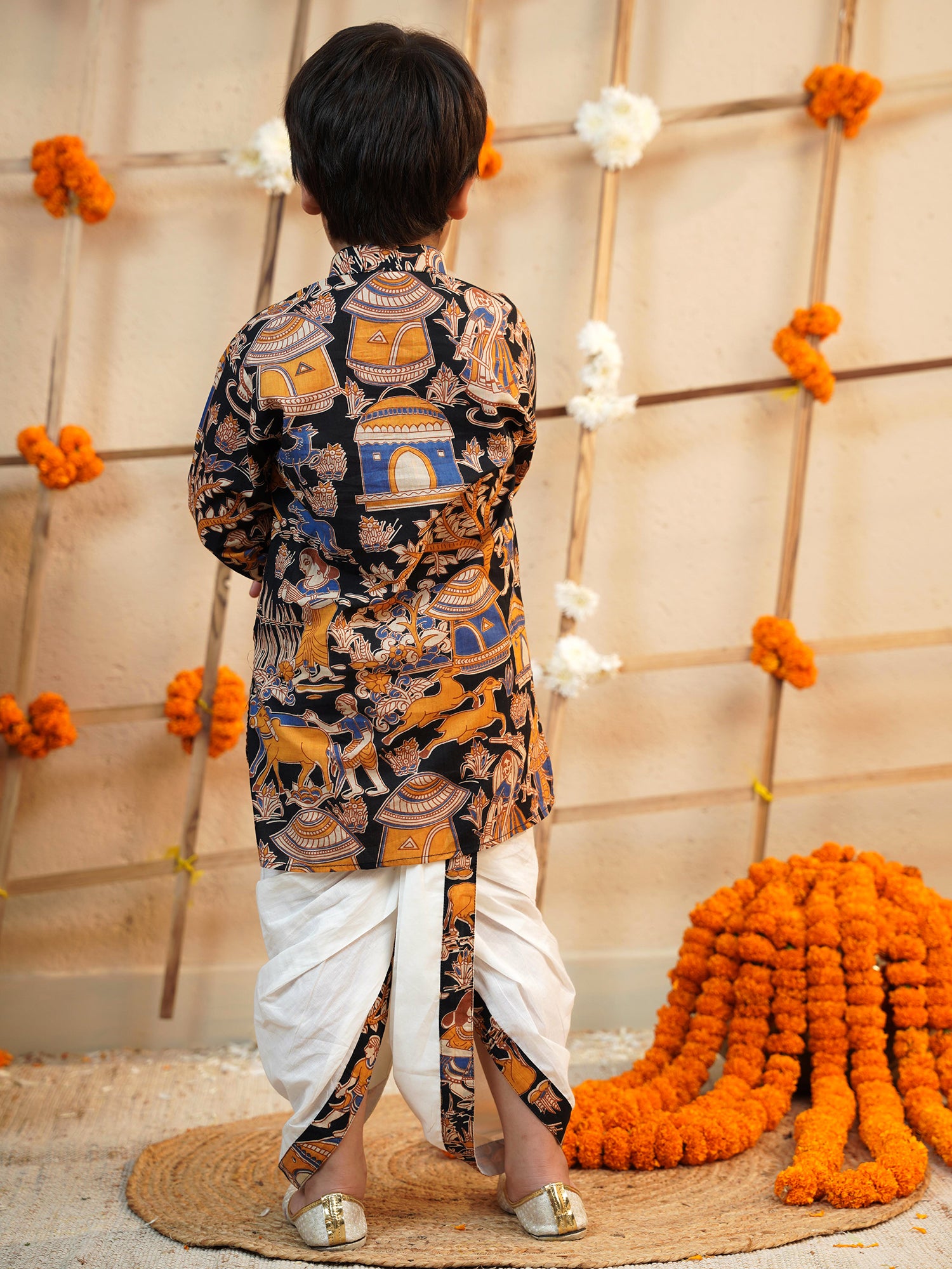 Boys Black Cotton Full Sleeves Abstract Printed Dhoti Set - AJ Dezines