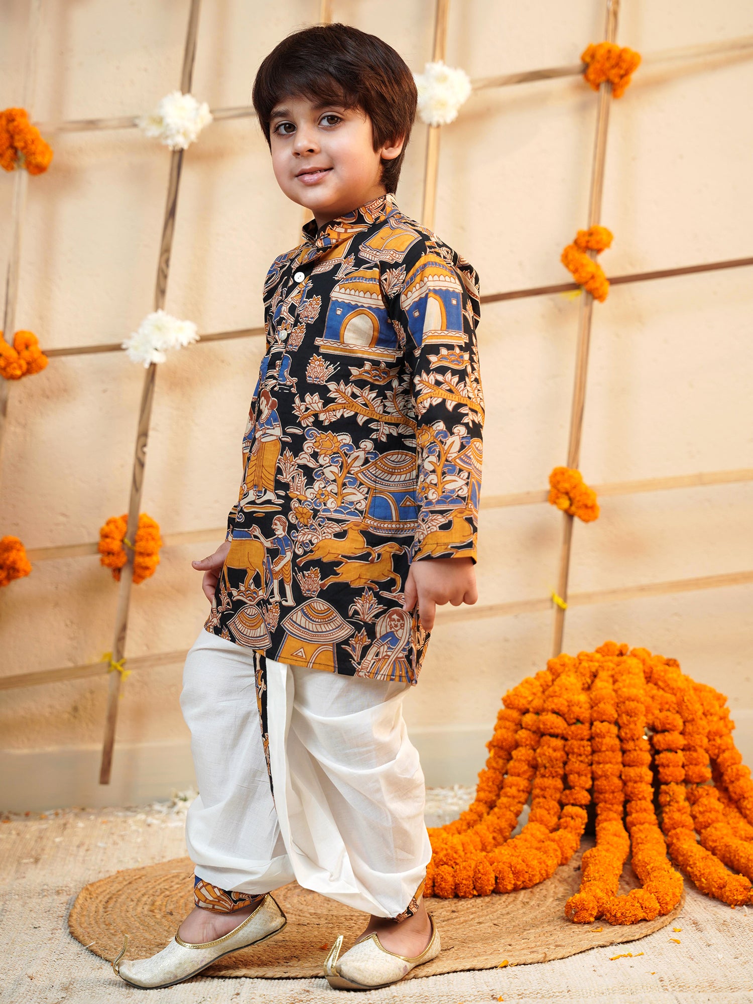 Boys Black Cotton Full Sleeves Abstract Printed Dhoti Set - AJ Dezines