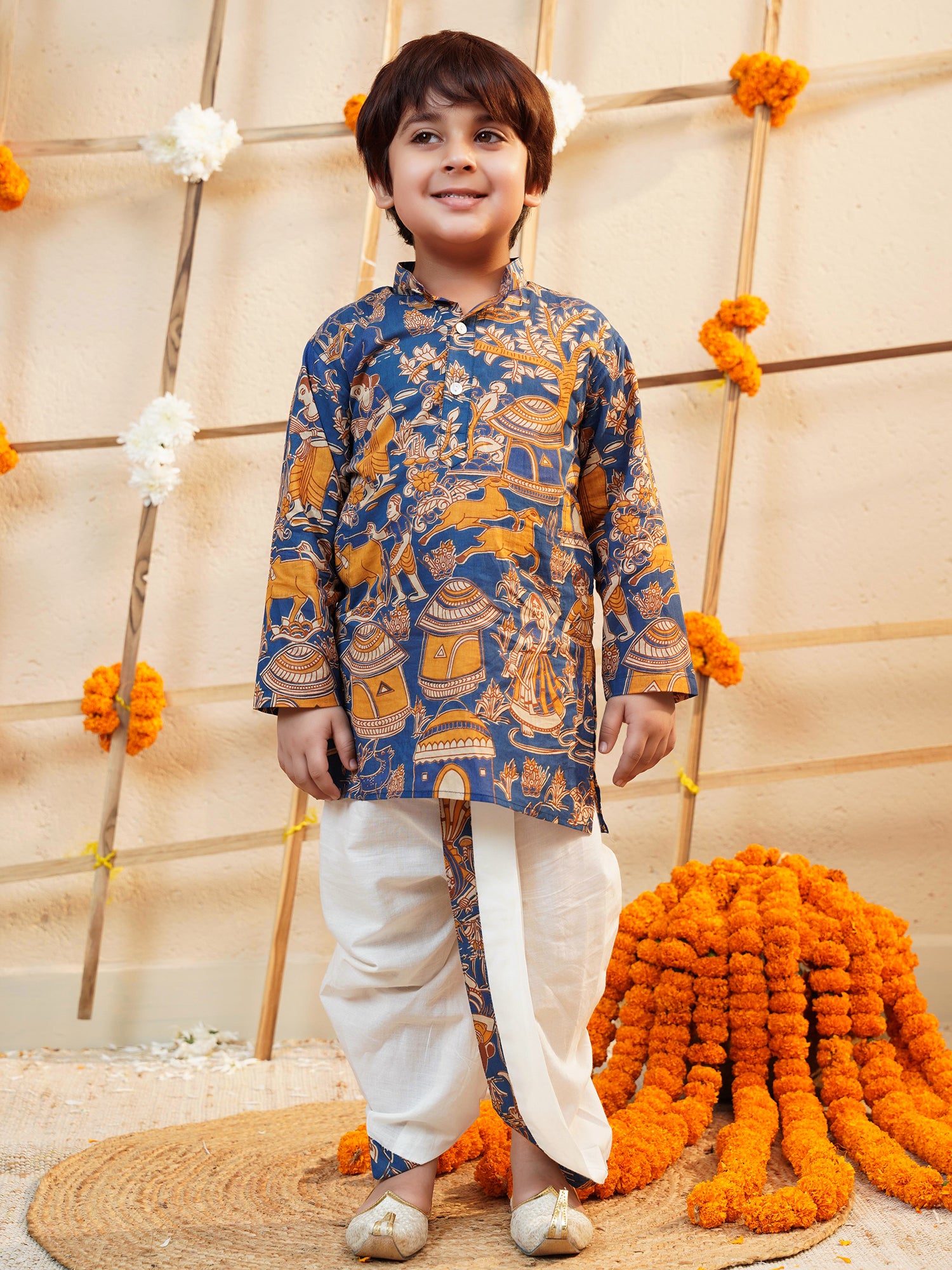 Boys Blue Cotton Full Sleeves Abstract Printed Dhoti Set - AJ Dezines