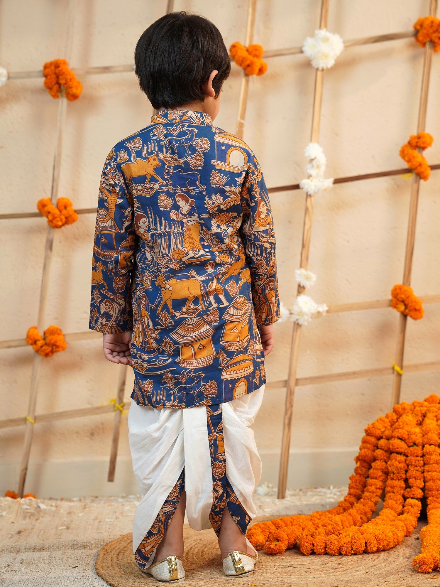 Boys Blue Cotton Full Sleeves Abstract Printed Dhoti Set - AJ Dezines