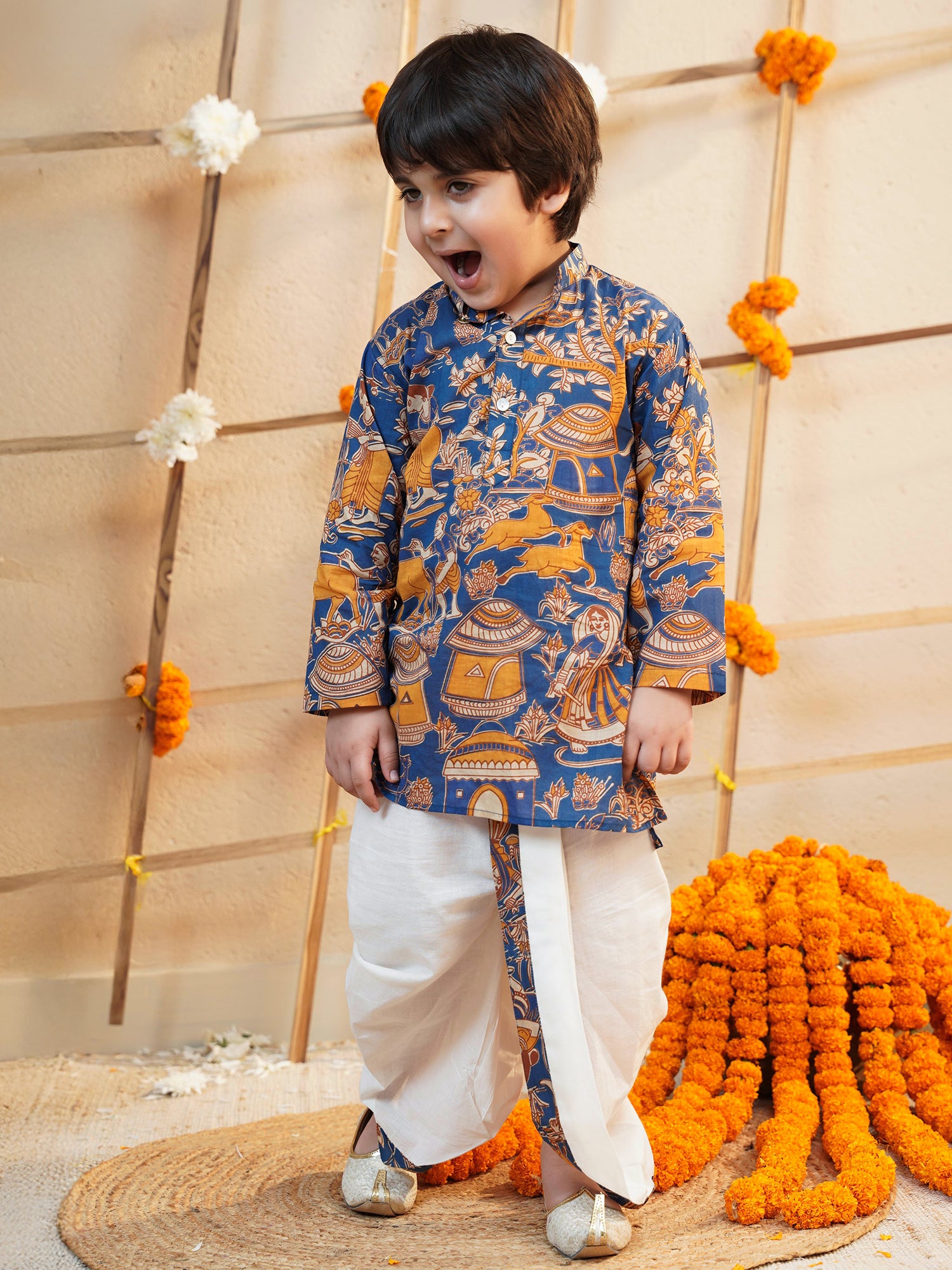 Boys Blue Cotton Full Sleeves Abstract Printed Dhoti Set - AJ Dezines
