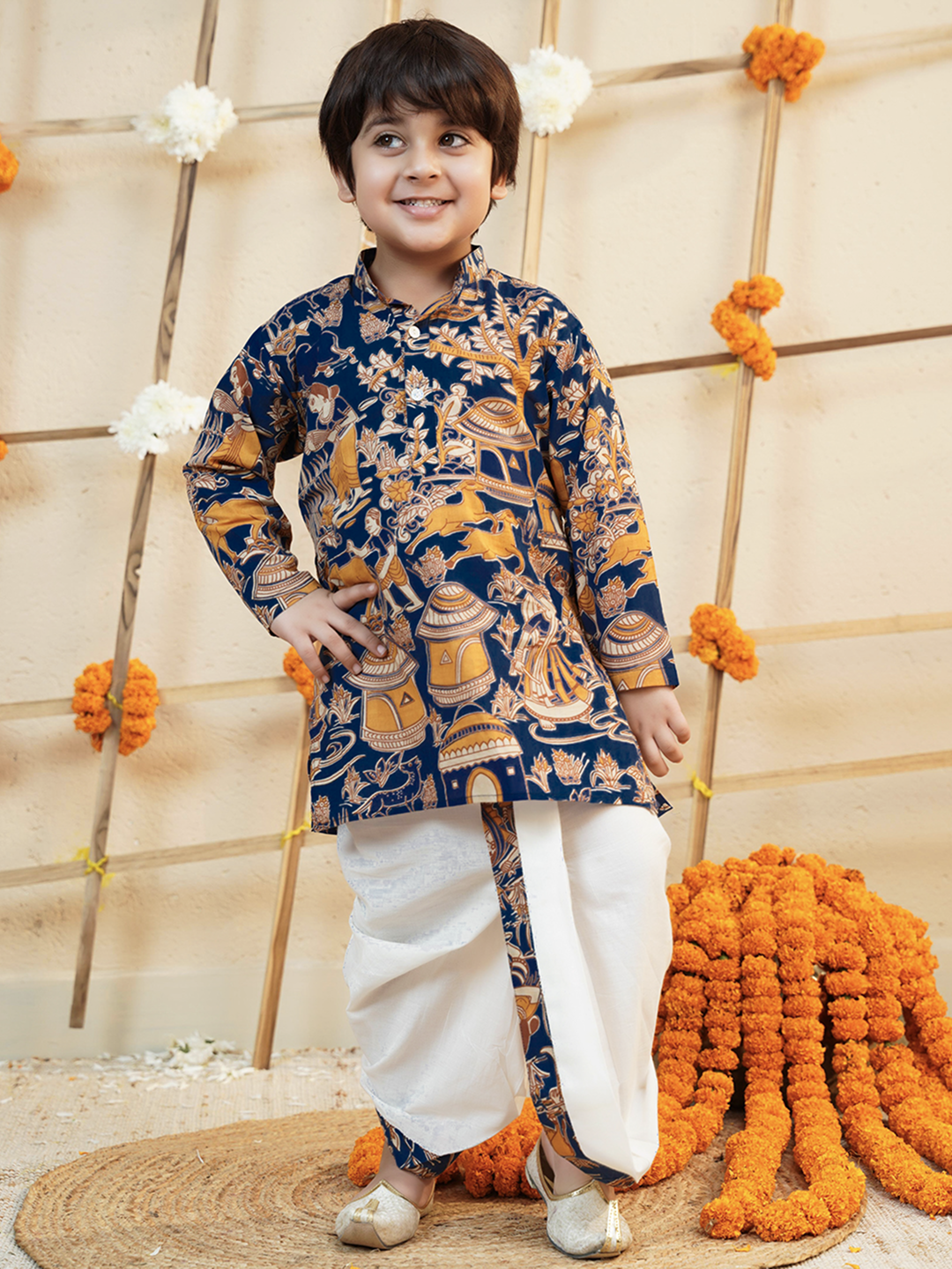 Navy-Blue Cotton Full Sleeves Abstract Printed Dhoti Set for Boys