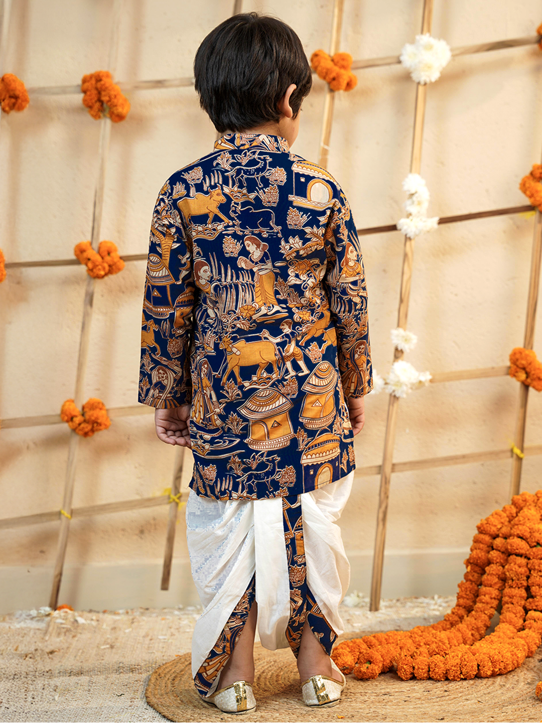Navy-Blue Cotton Full Sleeves Abstract Printed Dhoti Set for Boys