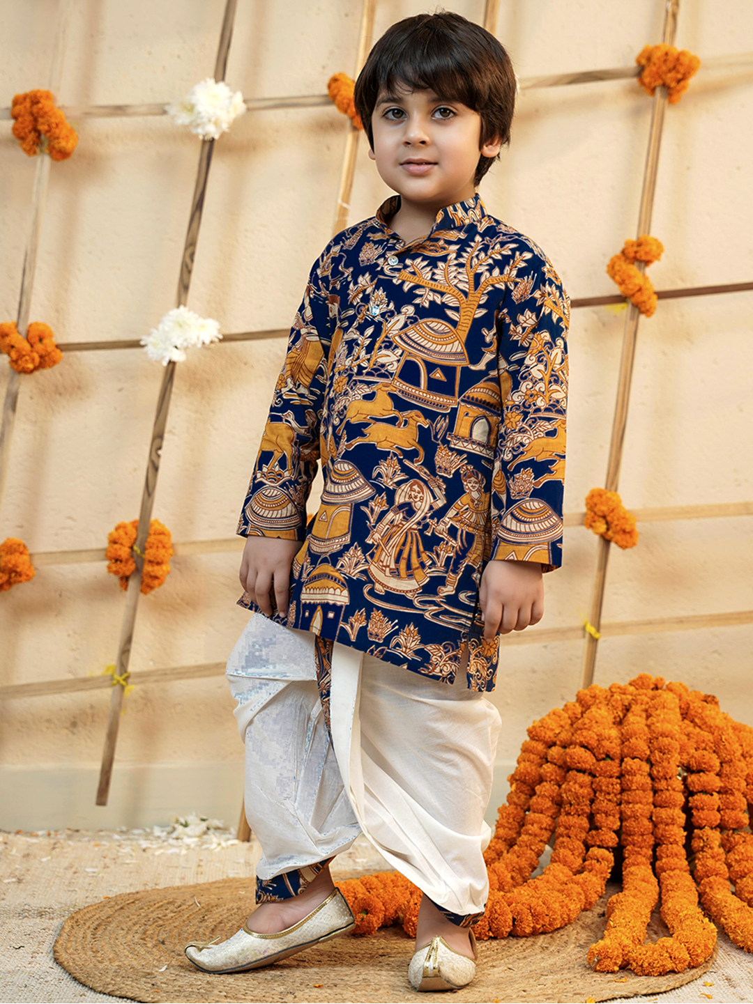 Navy-Blue Cotton Full Sleeves Abstract Printed Dhoti Set for Boys