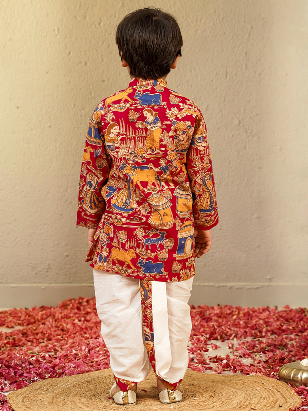 Red Cotton Full Sleeves Abstract Printed Dhoti Set for Boys