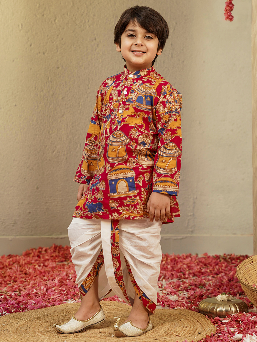 Red Cotton Full Sleeves Abstract Printed Dhoti Set for Boys