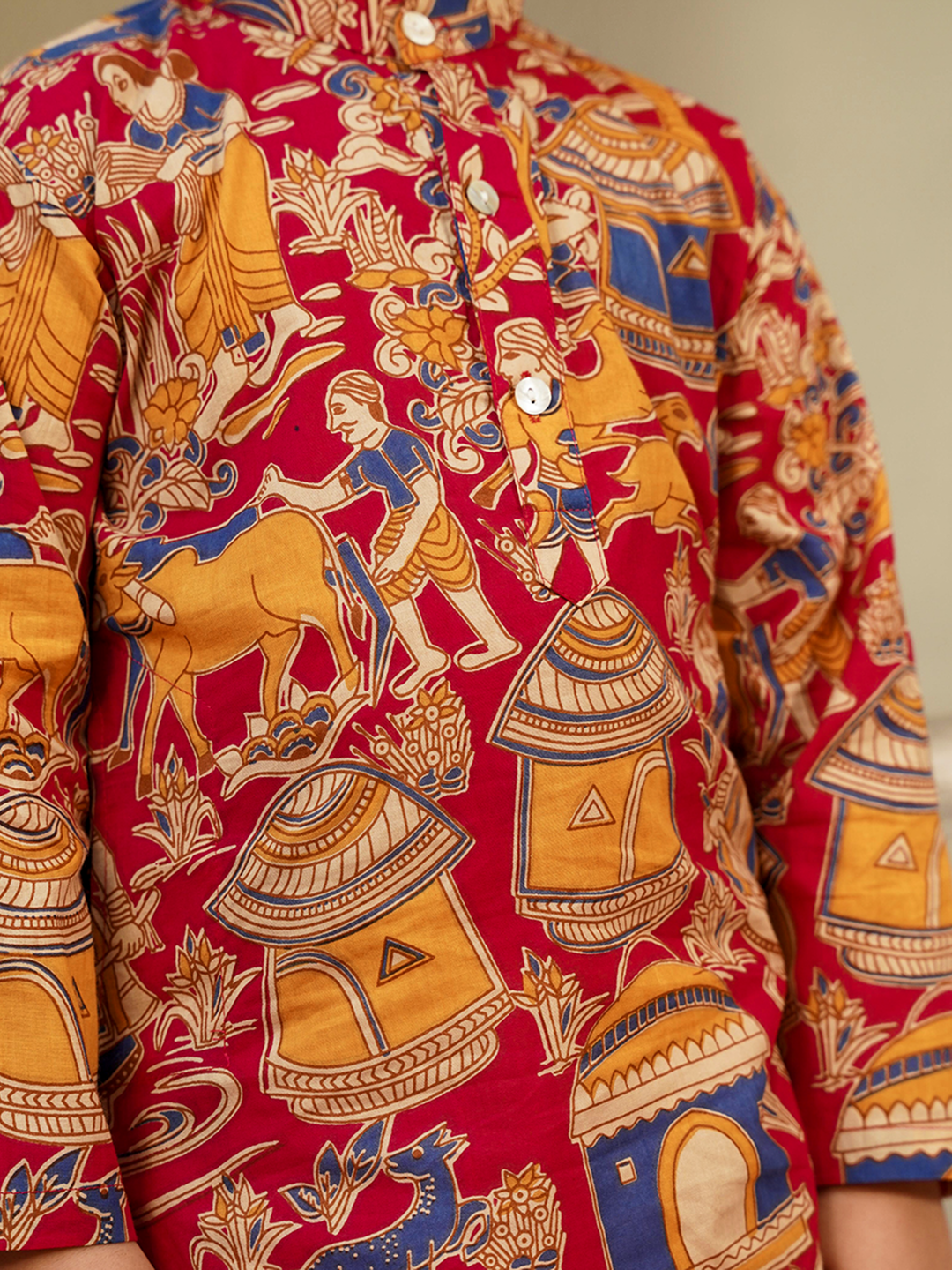 Red Cotton Full Sleeves Abstract Printed Dhoti Set for Boys
