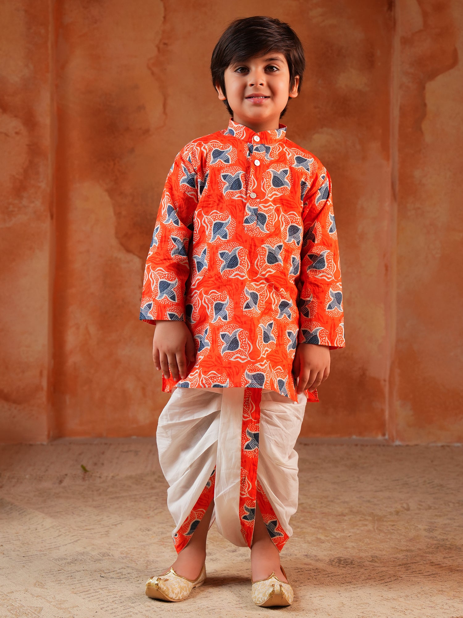 Boys Orange Cotton Full Sleeves Floral Printed Dhoti Set - AJ Dezines
