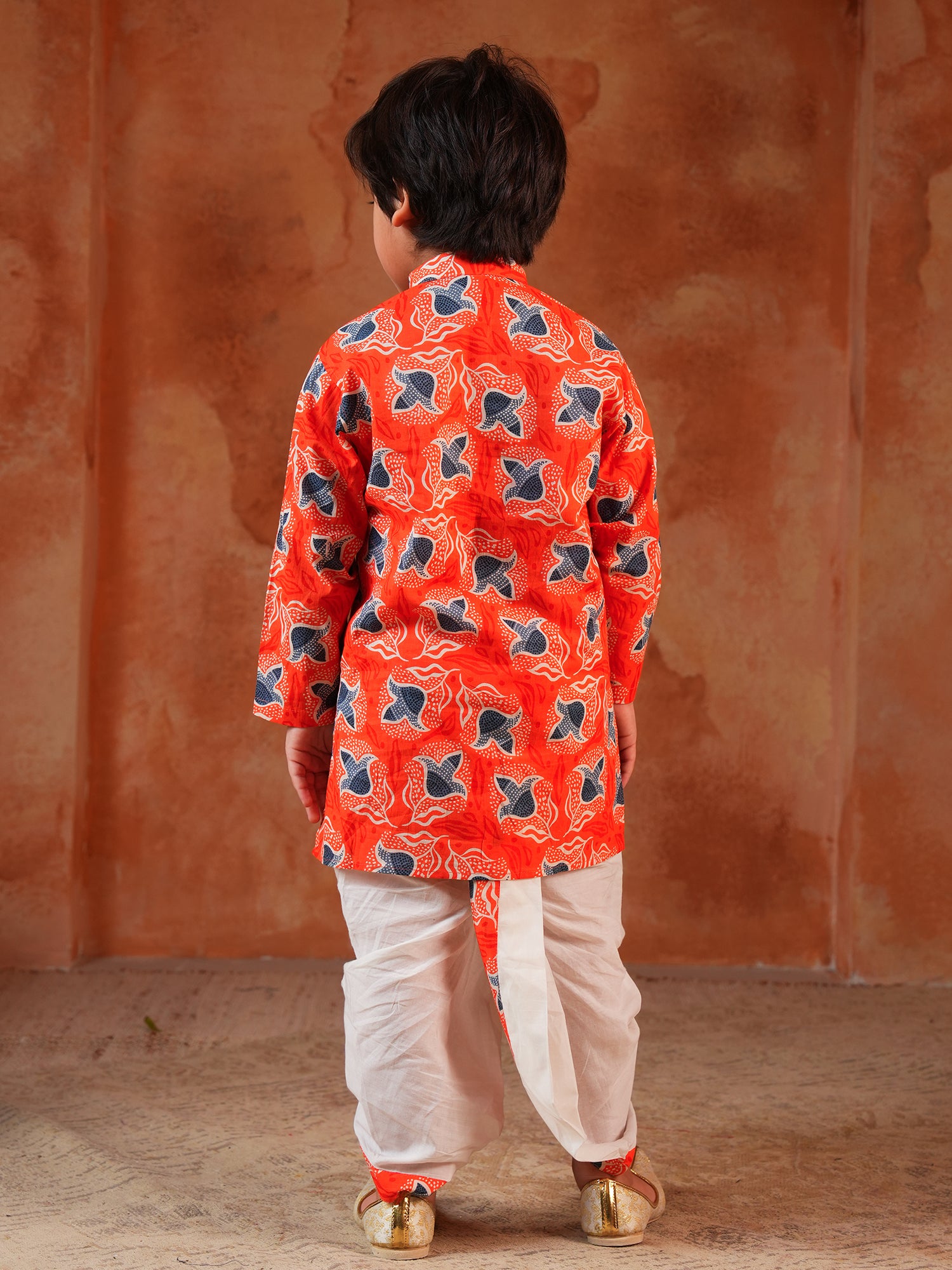 Boys Orange Cotton Full Sleeves Floral Printed Dhoti Set - AJ Dezines