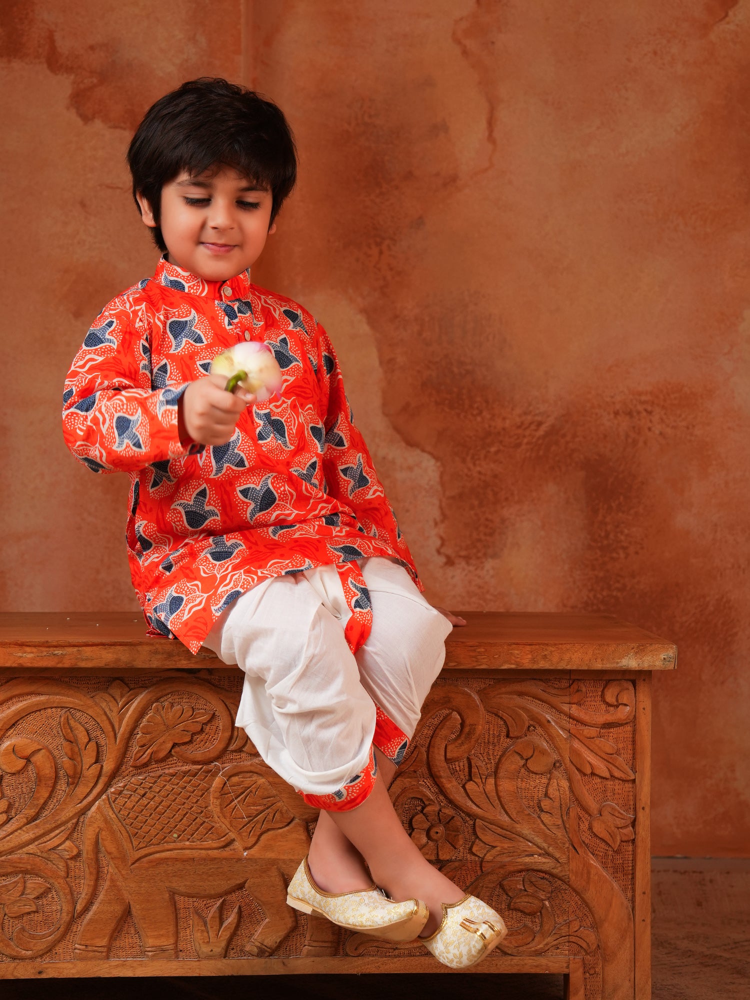 Boys Orange Cotton Full Sleeves Floral Printed Dhoti Set - AJ Dezines