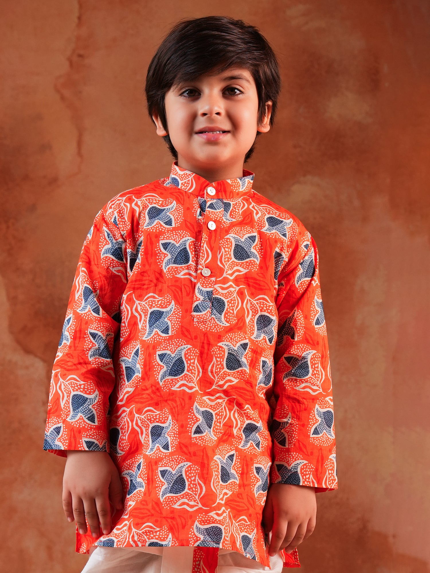 Boys Orange Cotton Full Sleeves Floral Printed Dhoti Set - AJ Dezines