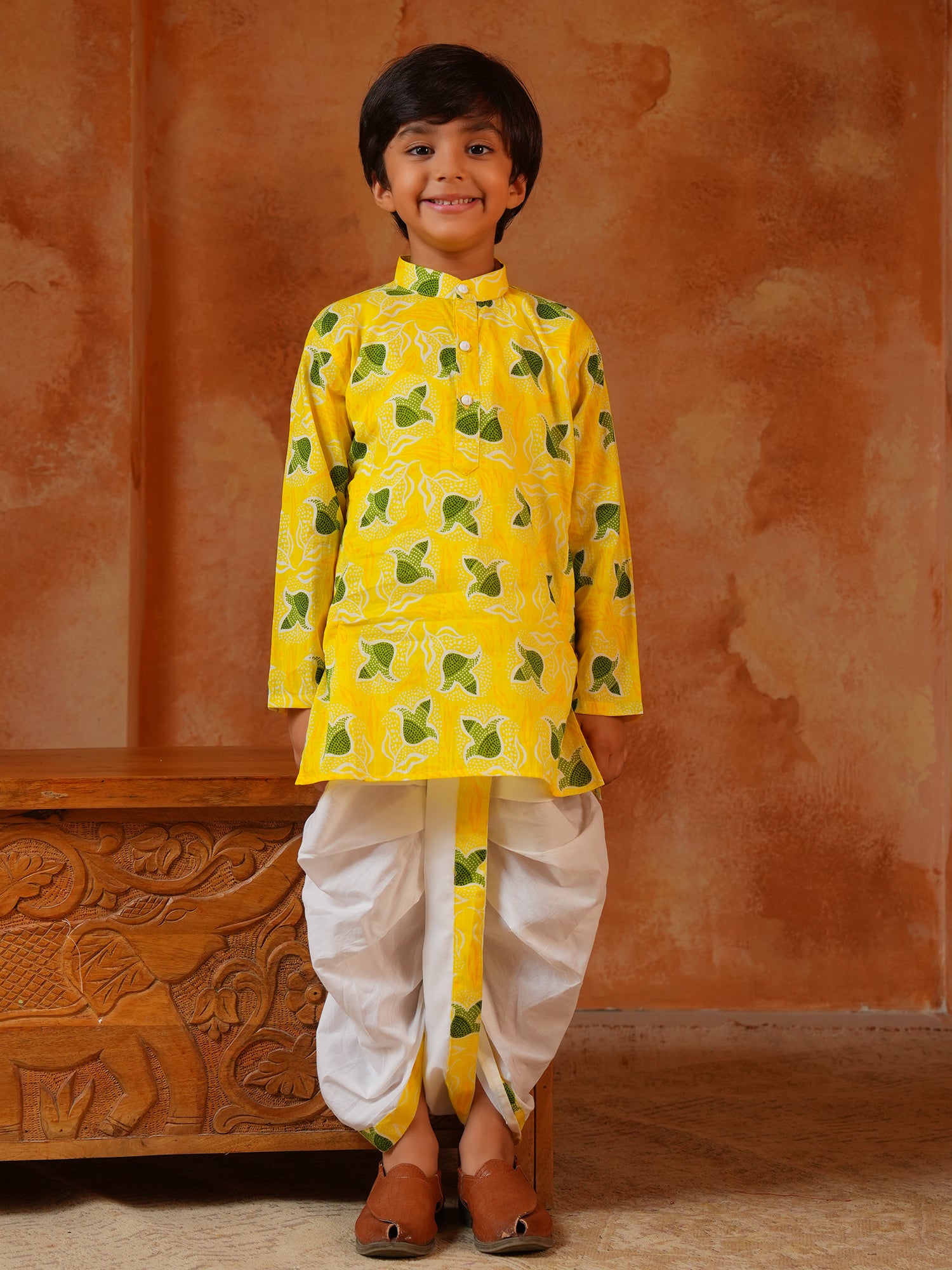 Yellow Cotton Full Sleeves Floral Printed Dhoti Set