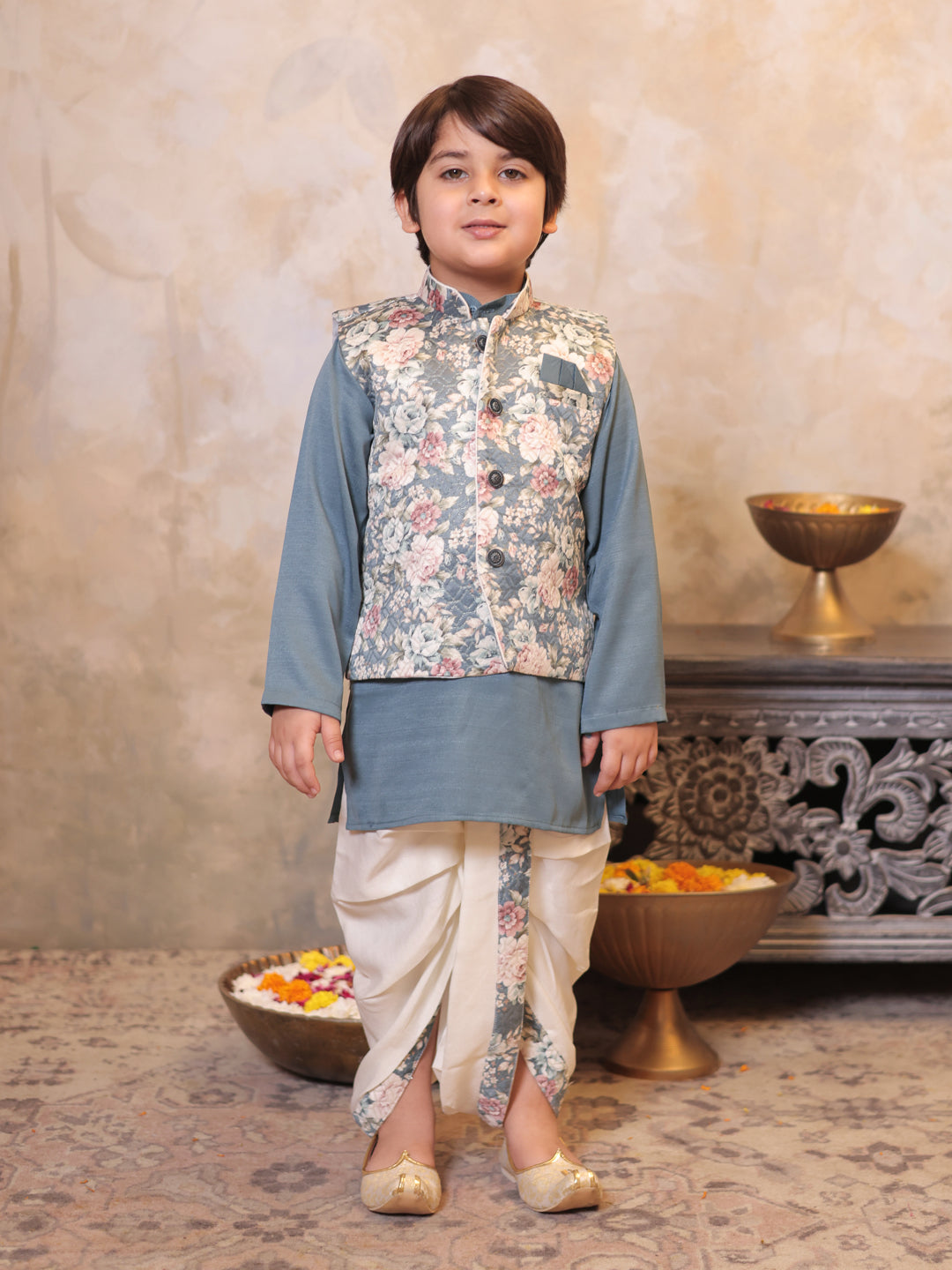Grey Cotton Full Sleeves Floral Printed Dhoti Set