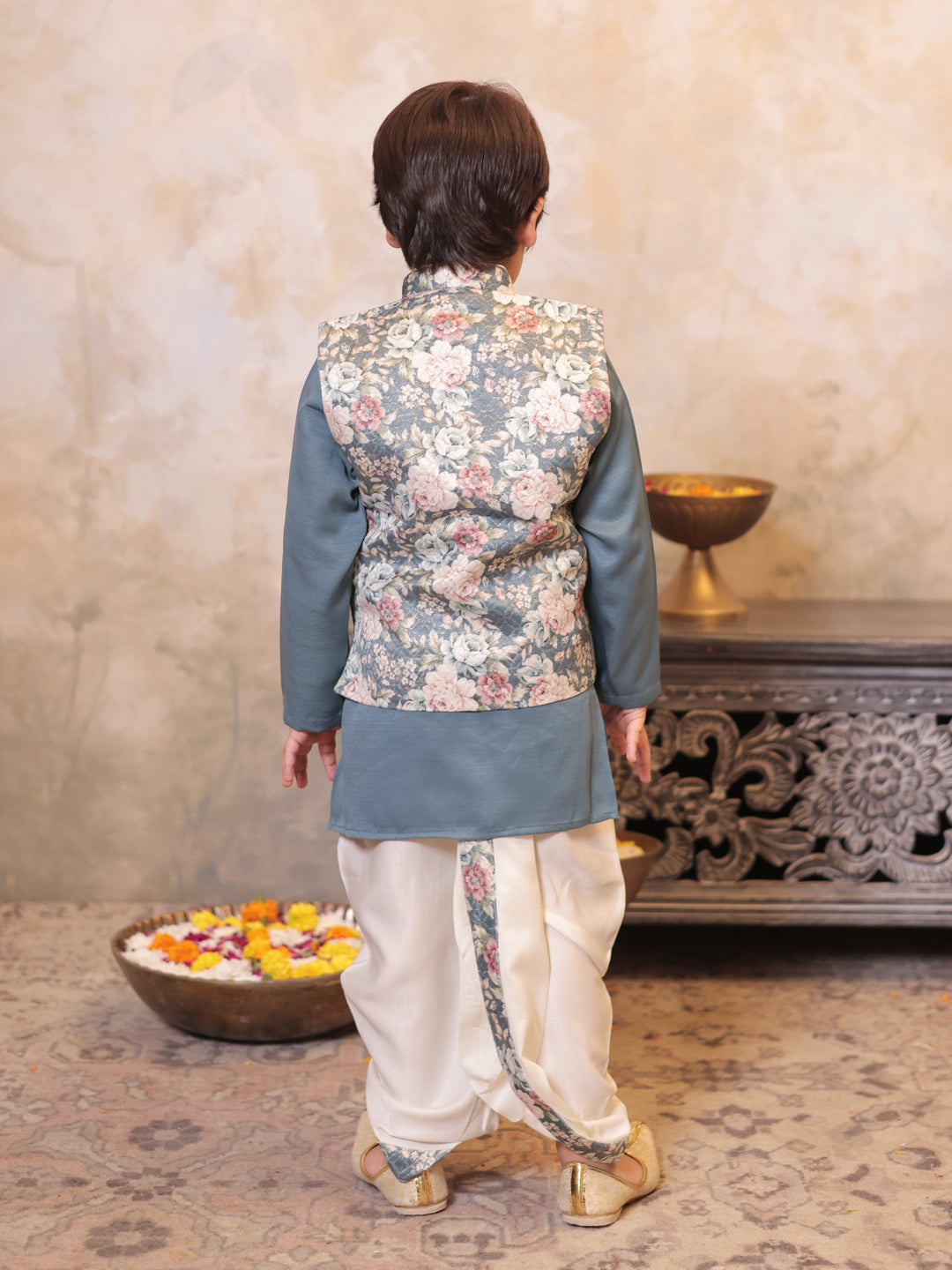 Grey Cotton Full Sleeves Floral Printed Dhoti Set