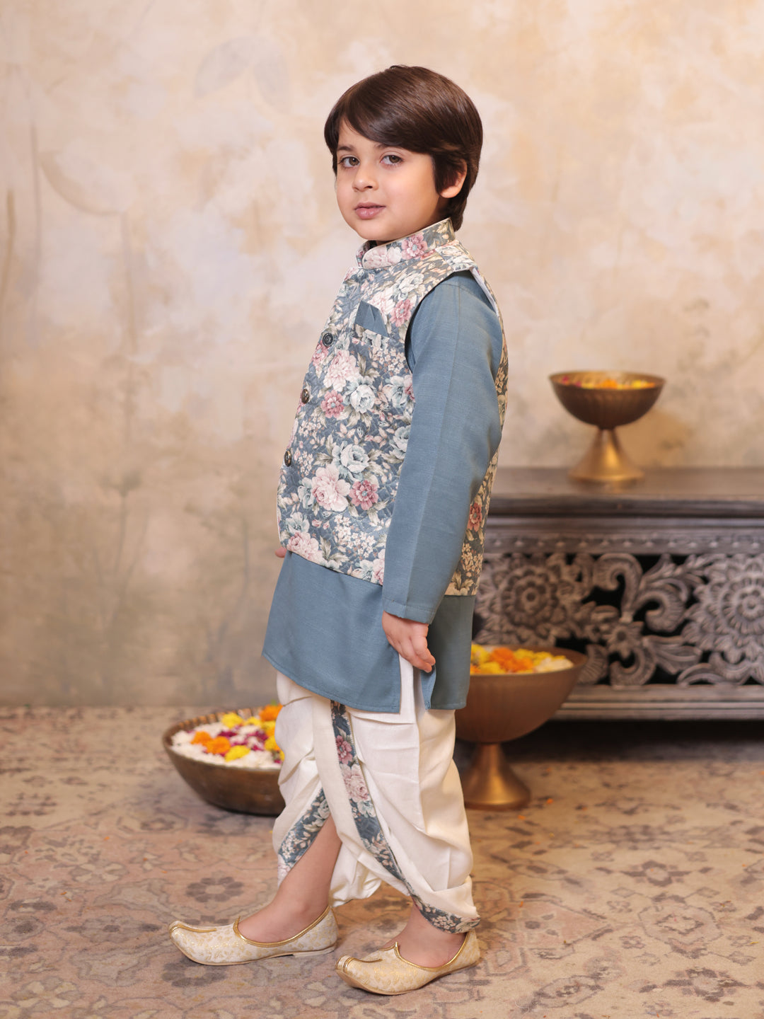 Grey Cotton Full Sleeves Floral Printed Dhoti Set
